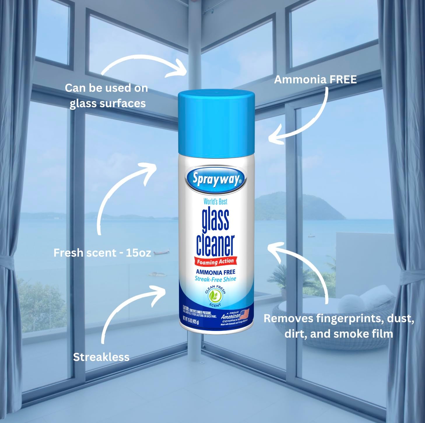 Sprayway Glass Cleaner Foaming Aerosol Spray, 15oz, Pack of 6 | Ammonia-Free, Streakless, Fast-Acting | Cleans & Polishes Glass Surfaces | Fresh Scent, Removes Fingerprints, Dust, Dirt, Smoke Film