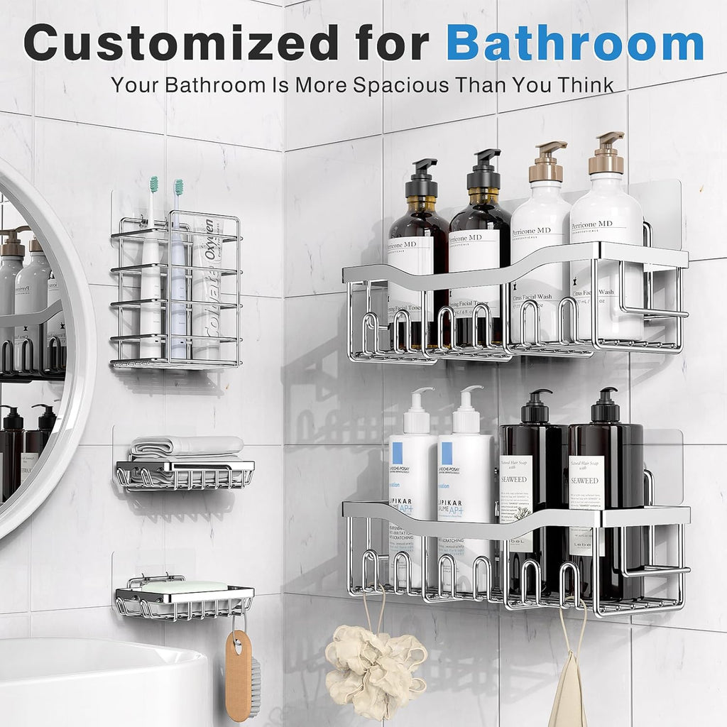 EUDELE 5-Pack Rustproof Stainless Steel Shower Caddy – No Drill Adhesive Bathroom Organizer with Large Capacity, Spacious Shower Shelves for Inside Shower, Kitchen & Home Decor Storage-XL Size