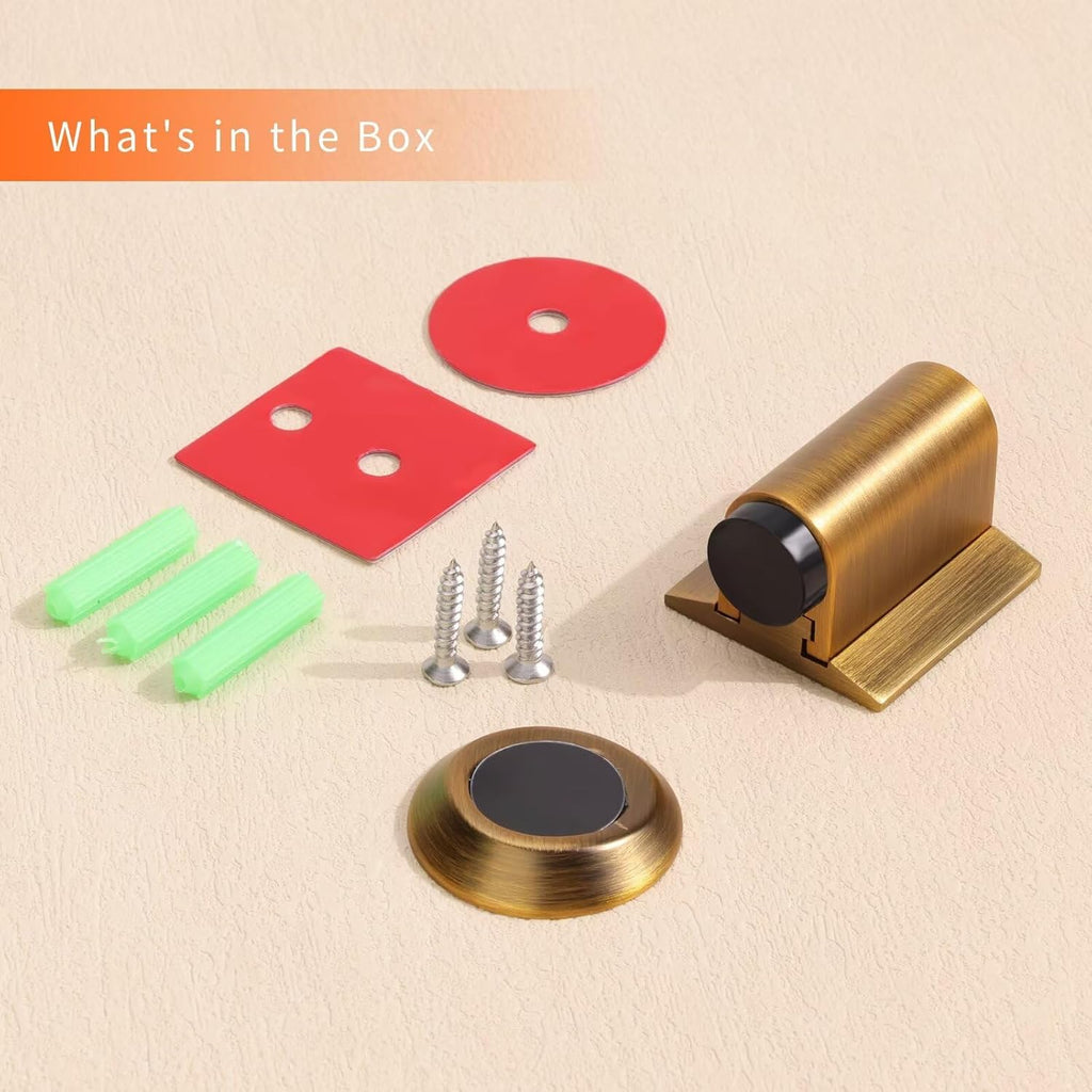 Bak Bo Magnetic Door Stoppers 4 Pack Bottom of Door Holder Keep Door Open No Drilling Magnet Floor Door Stop with Screws and Adhesive Antique Brass DS268AB-4