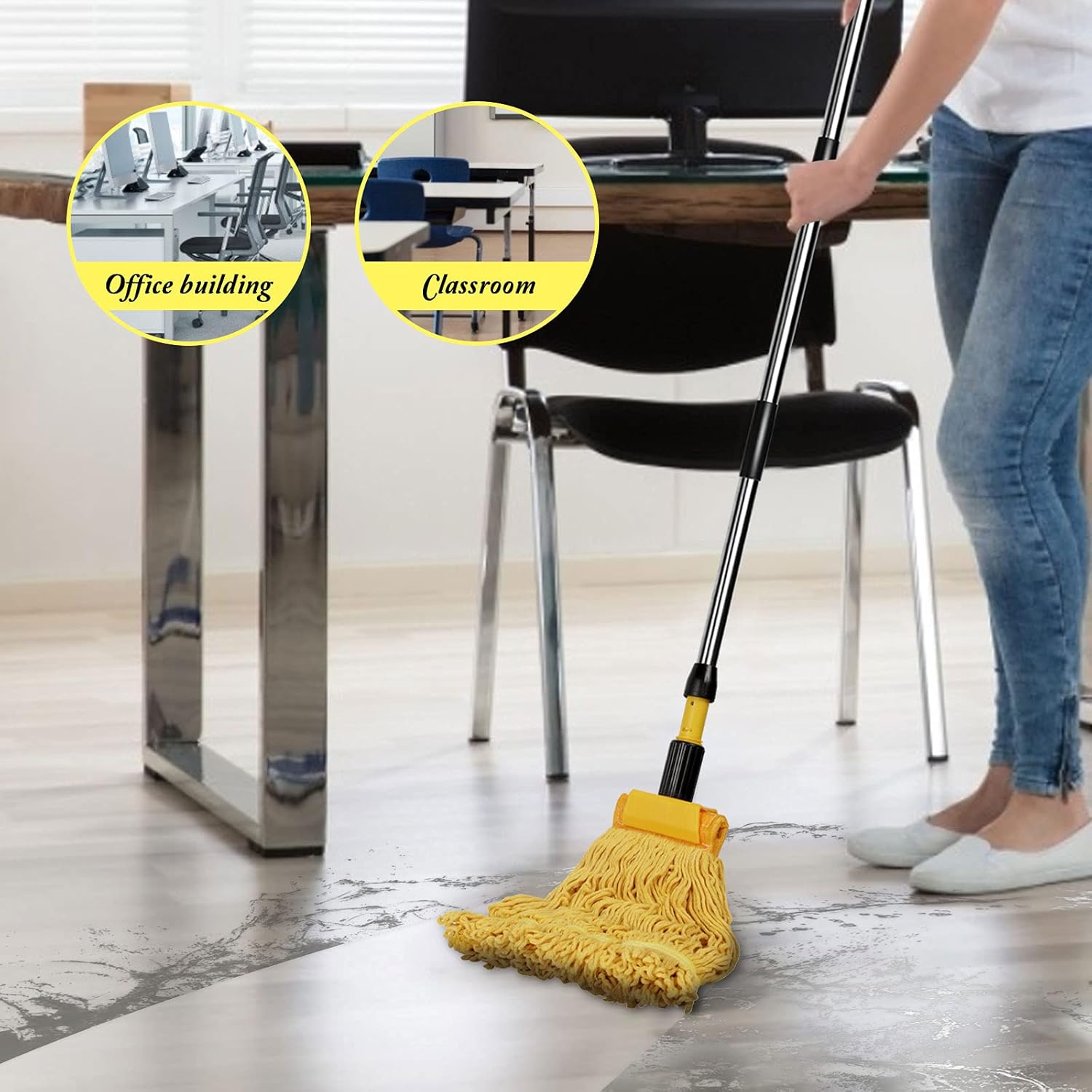 Masthome Industrial Mop, Commercial Mop for Floor Cleaning Heavy Duty, Cotton Mops Looped-End String Wet Mops with 2 MopHeads for Home, Garage, Office Floor Cleaning (Yellow-Blue)