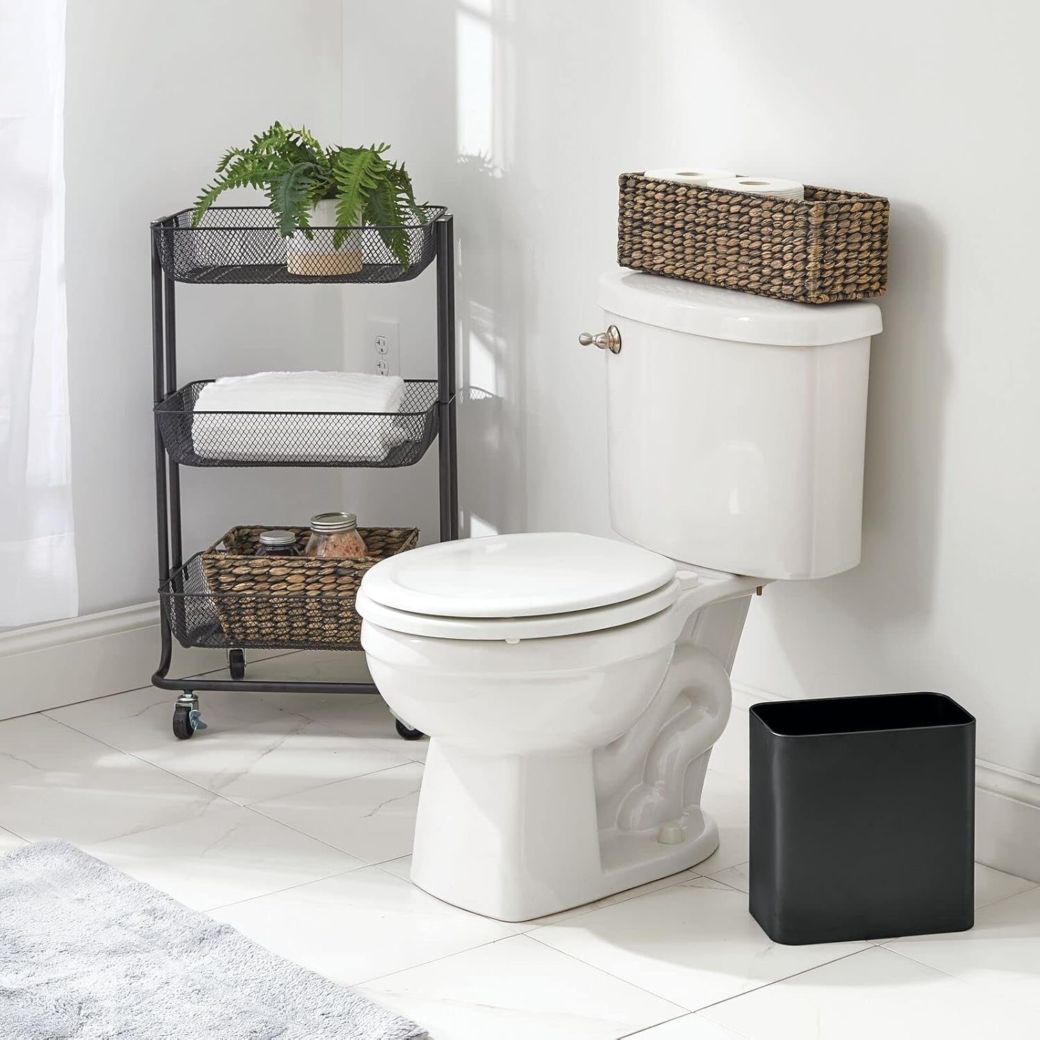 mDesign Small Metal 2.4 Gallon Trash Can Wastebasket Garbage Bin for Bathroom - Mini Slim Rubbish Waste Bin for Master or Guest Bath, Bedroom, Garage, Laundry Room, or Playroom, Black, Pack of 1