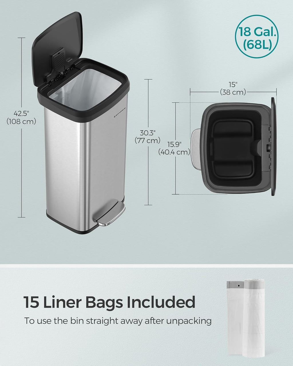 SONGMICS Kitchen Trash Can, 18-Gallon Stainless Steel Garbage Can, with Stay-Open Lid and Step-on Pedal, Soft Closure, Tall, Large and Space-Saving, Silver and Black ULTB520E68