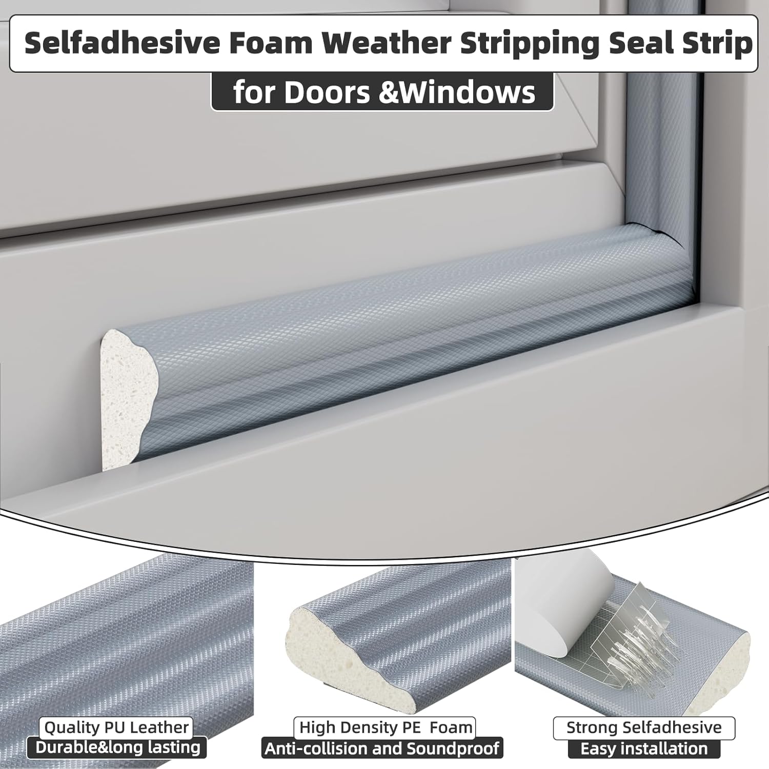9.8 Ft Weather Stripping Seal Strip for Doors/Windows,Soundproofing Window Insulation Draft Stopper for Winter, Selfadhesive Foam Weather Strip for Door Frame,Door Gap Filler Noise Blocker(Gray)
