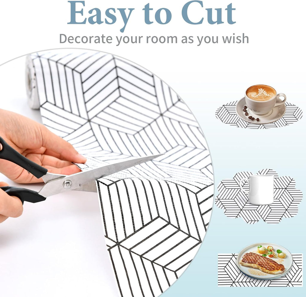 Shelf Liners for Kitchen Cabinets Non Adhesive Shelf Liner Paper Non-Slip Thickened Drawer Liner Easy to Clean for Tool Box Refrigerator with Knife and Tape Measure, Black Geometric, 17.3 x 354.3 in