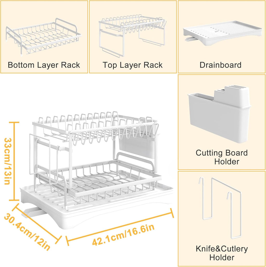 Dish Drying Rack Carbon Steel Dish Rack for Kitchen Counter, 2-Tier Kitchen Organizers and Storage Rack with Drainboard and Cutlery Holder, Large