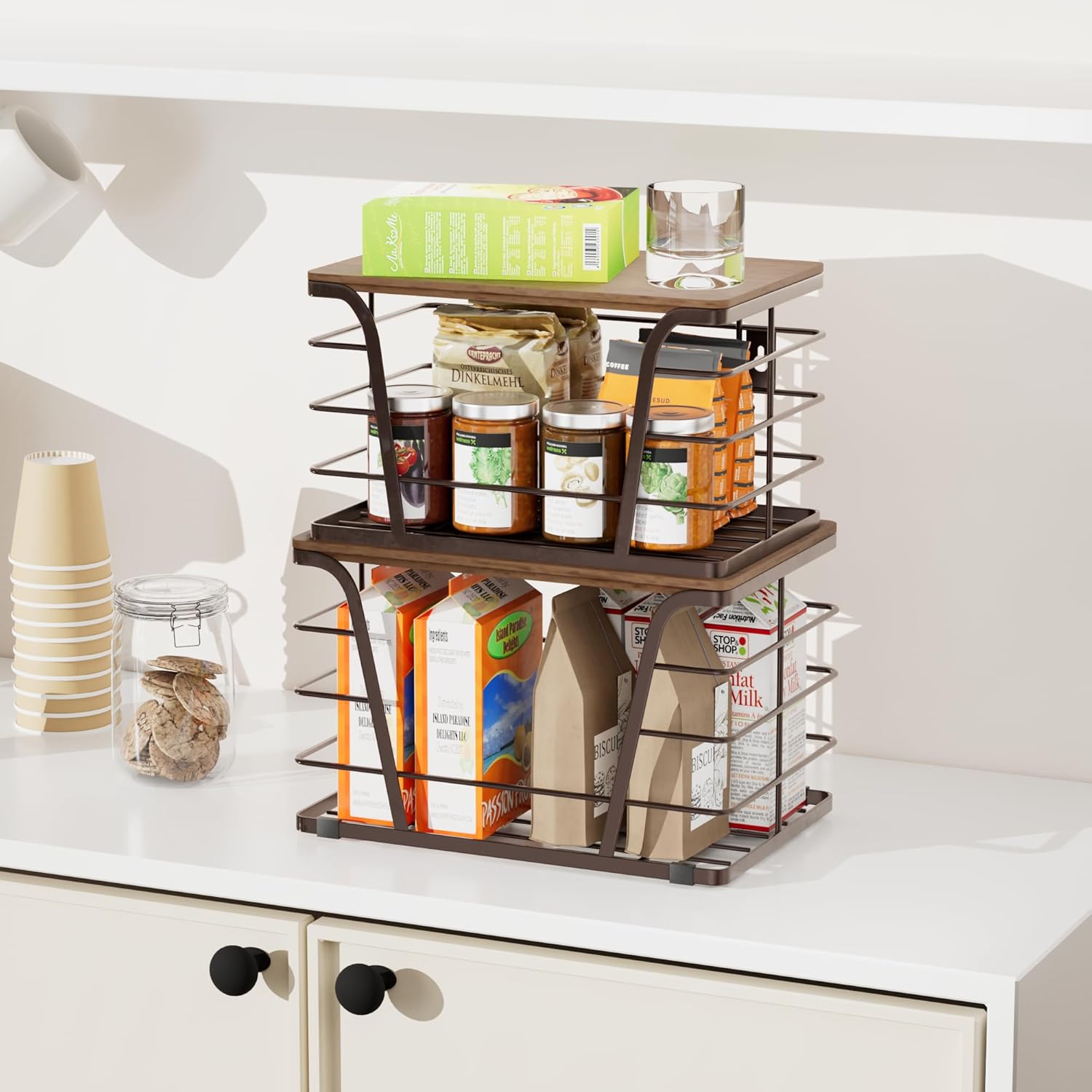 Extra Large 2 Pack Stackable Storage Pantry Organizers and Storage, Wall Mount Trash Bag Holder with Bamboo Top and Garbage Bag Dispenser, Brown