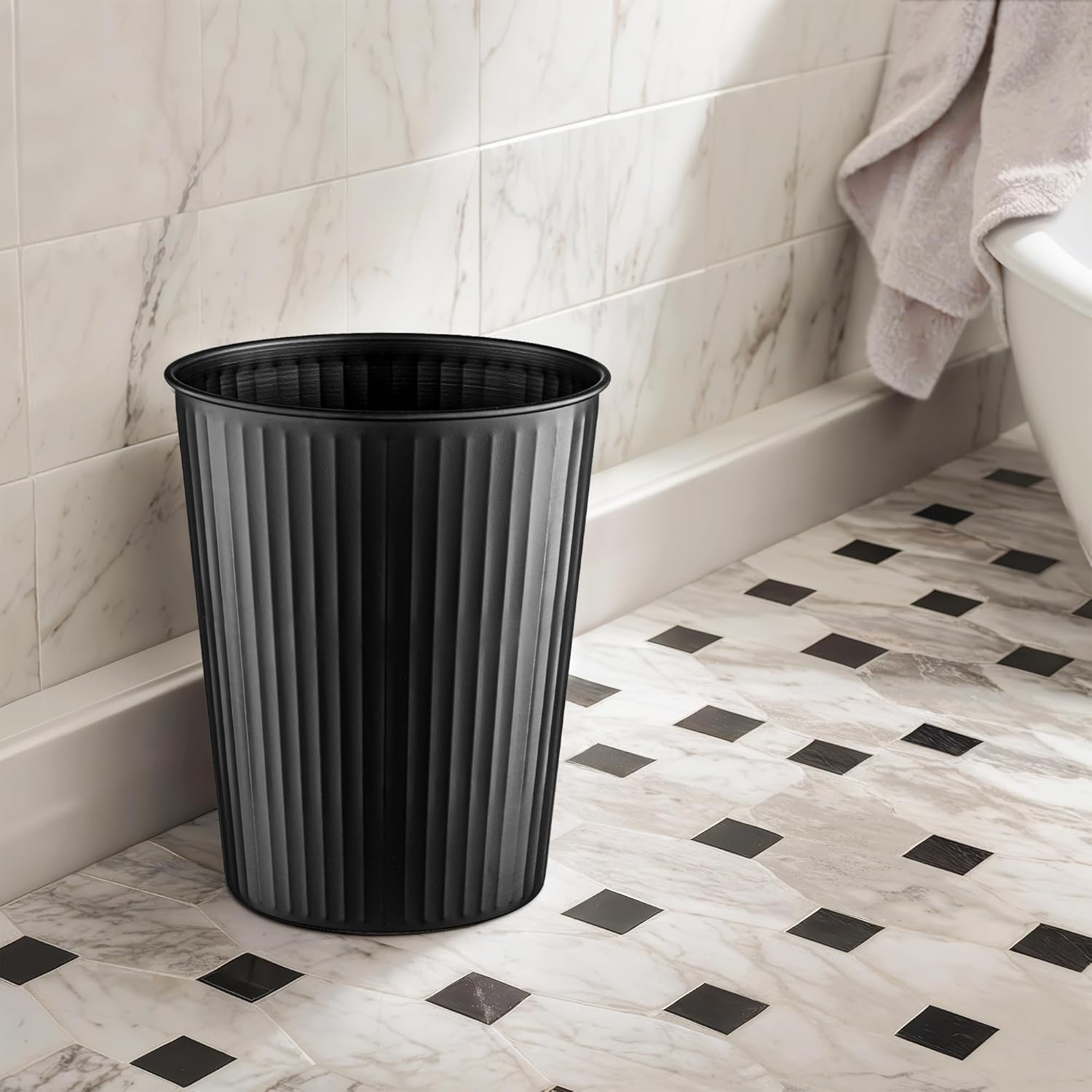 Monarch Abode Black Handcrafted Ridge Embossed Metal Wastebasket for Home Office, Decorative Waste Basket, Modern Bathroom Garbage Can, Durable & Decorative Trash Bin, Black Trash Can