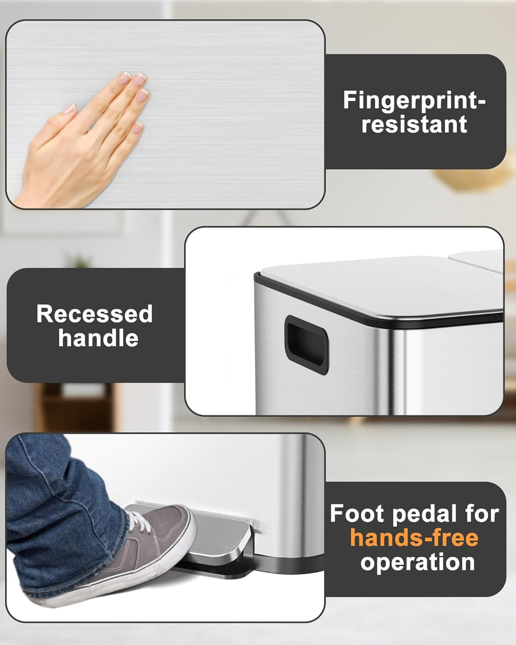 3 x 7.9 Gal (3 x 30L) Trash Can, Stainless Steel Triple Compartment Step-On Recycling Bin with Soft-Close Lids & Removable Plastic Inner Buckets for Kitchen, Home, Office
