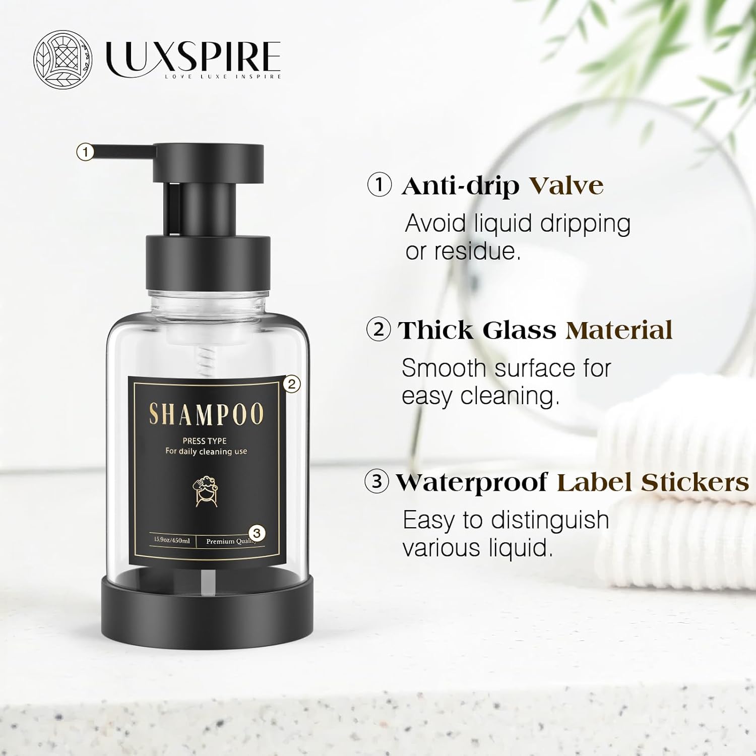 Luxspire Foaming Soap Dispenser, Glass Foam Pump Soap Dispenser, Non-Slip Hand Soap Dispenser with 5 Waterproof Labels, 15 Oz Refillable Liquid Soap Dispenser for Bathroom & Kitchen, Clear, 1 Pack