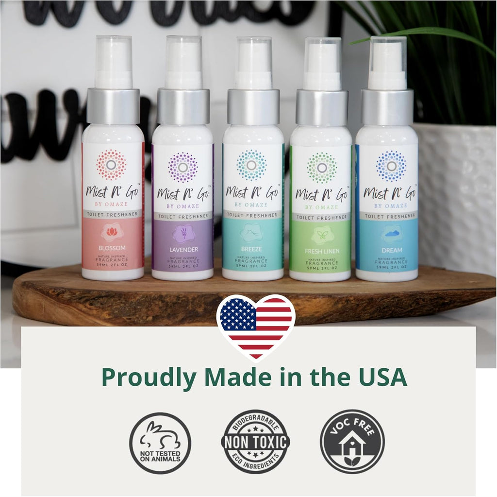 Mist N’ Go by Omaze Travel Bathroom Spray for Toilet Spray Odor Eliminator - Travel Toilet Spray for Bathroom Air Freshener Spray for Bathroom Deodorizer - Lavender Regular Size (2oz x2)