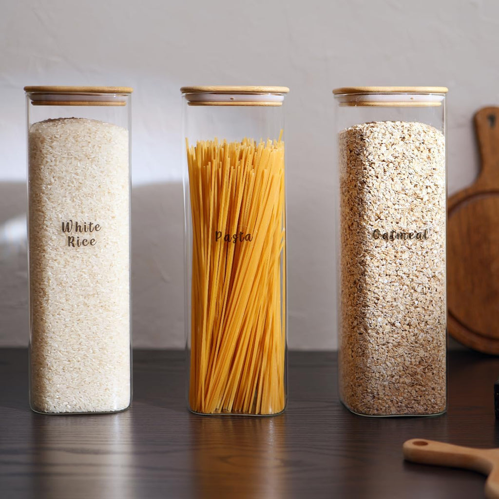 3 Pcs Square Glass Pantry Storage Containers with Bamboo Airtight Lid and 248 Clear Pantry Labels Preprinted - 74oz Thicken Glass Food Storage Jars for Coffee, Cookie, Tea, Sugar, Spice