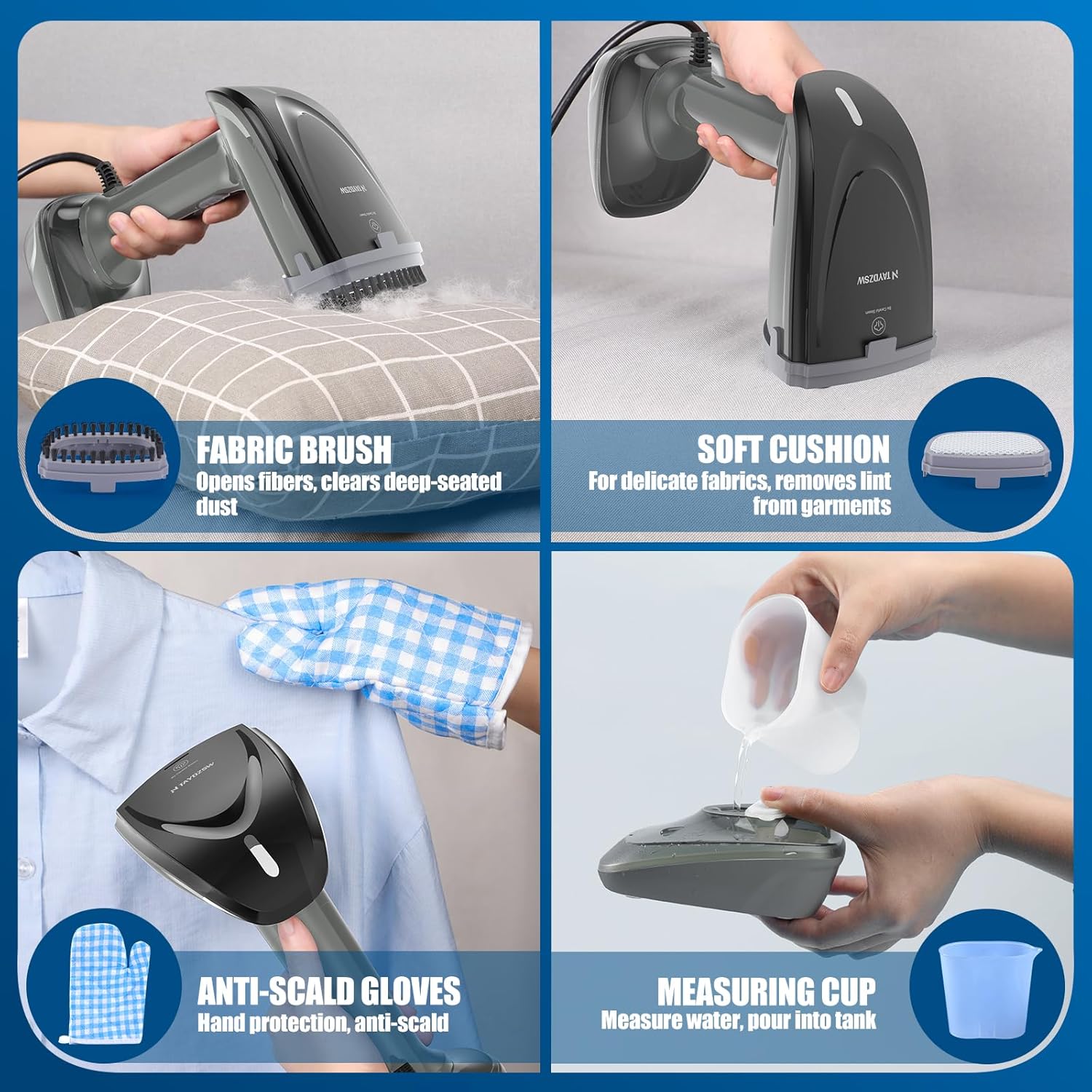Powerful Handheld Fabric Steamer - 1800W with Fast Ceramic Heat-Up Plate, 2-in-1 Ironing & Wrinkle Remover, Steam Nozzle, Lint Brush - Gray, for US 120V Only