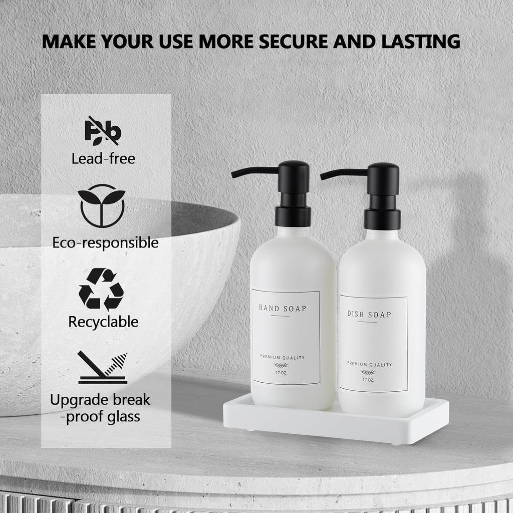 Thick Glass Soap Dispenser - Kitchen Dish Hand Soap Dispenser Set,Rustproof Pump Soap Lotion Dispenser Bathroom with Tray,14 Stickers for Kitchen Decor White Bottle/Black Pump