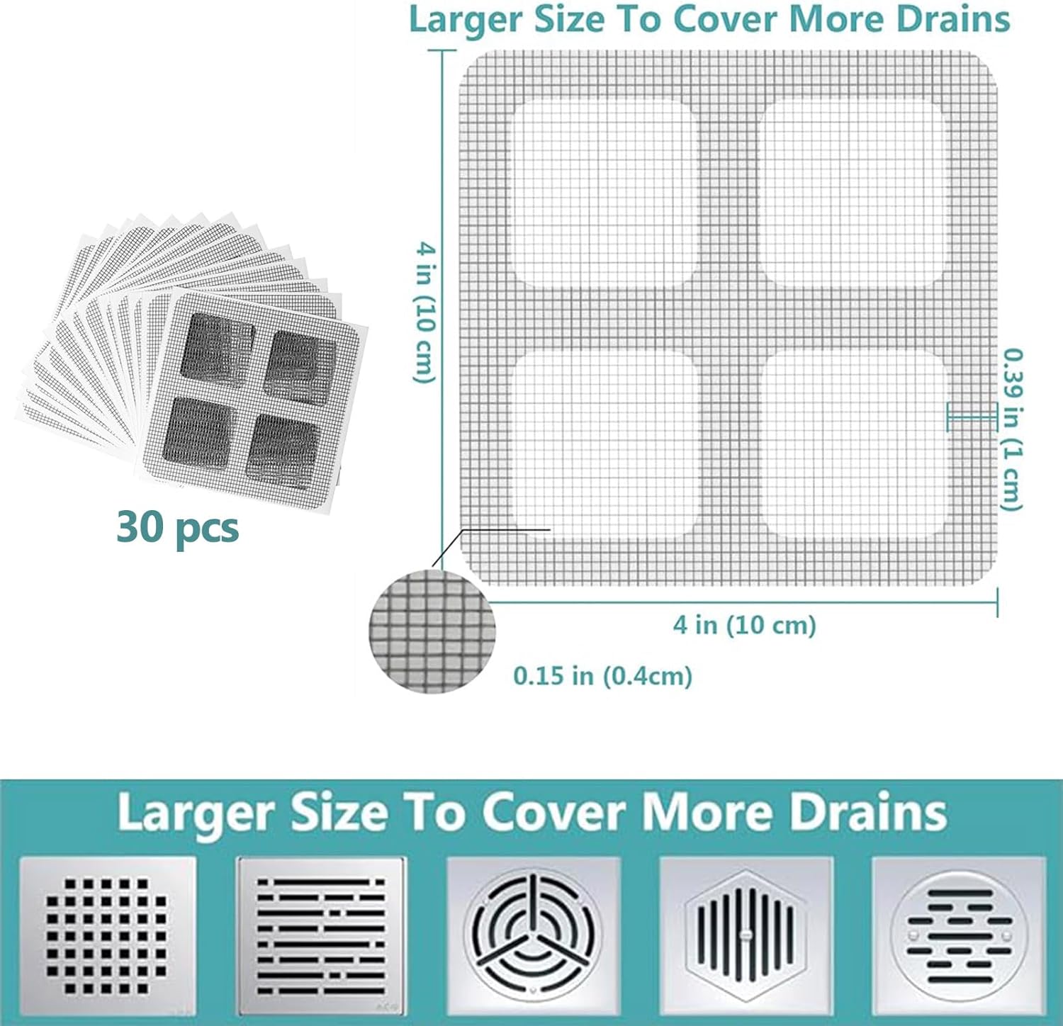 30pcs Disposable Shower Drain Hair Catcher Screen Sticker 4" X 4" Square Floor Drain Strainer Mesh Filter Cover for Bathroom Laundry Tub Bathtub Sink for Human Pet Sewer Bulk Blocking