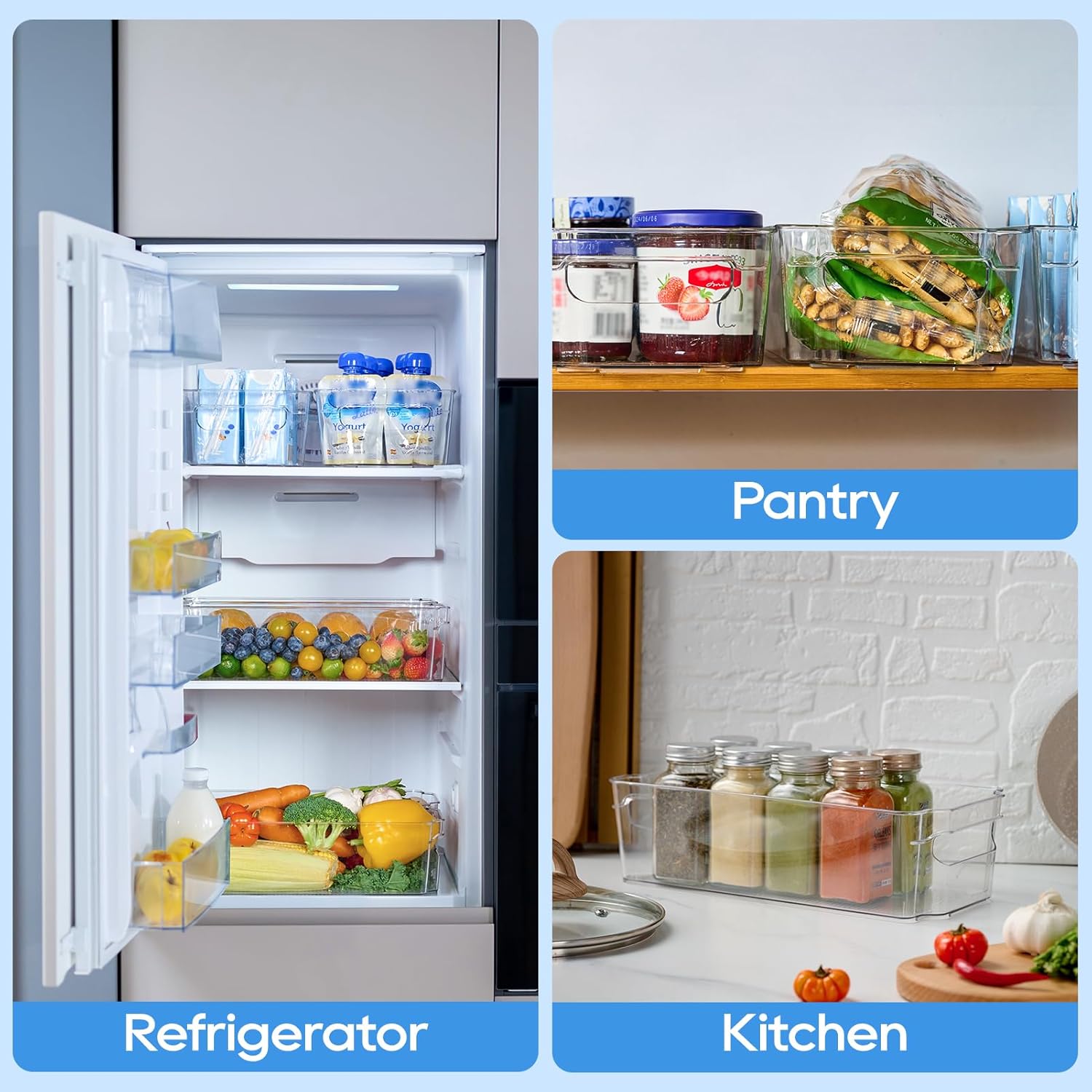 JollyPack 8 Pack Clear Plastic Storage Bins, Pantry Organizers and Storage with Handles, Clear Storage Containers for Fridge, Kitchen, Cabinet, Bathroom and Office