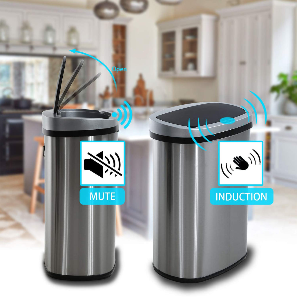 HCB Trash Can Automatic Waste Bin Mute Metal Garbage Can with Lid Stainless Steel 13 Gallon 50 Liter for Kitchen | Office | Bedroom | Bathroom | Living Room, 11” x 16” x 23”