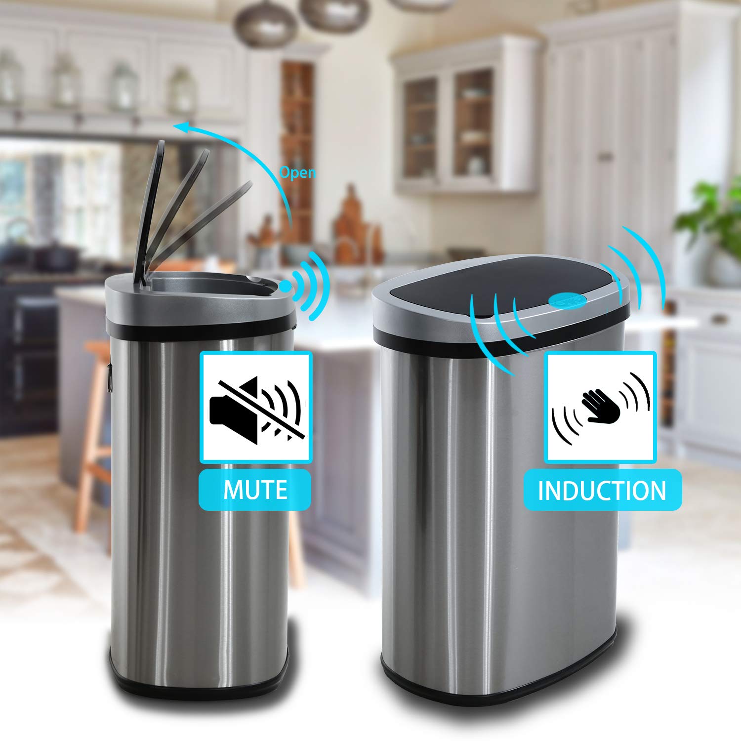 HCB Trash Can Automatic Waste Bin Mute Metal Garbage Can with Lid Stainless Steel 13 Gallon 50 Liter for Kitchen | Office | Bedroom | Bathroom | Living Room, 11” x 16” x 23”