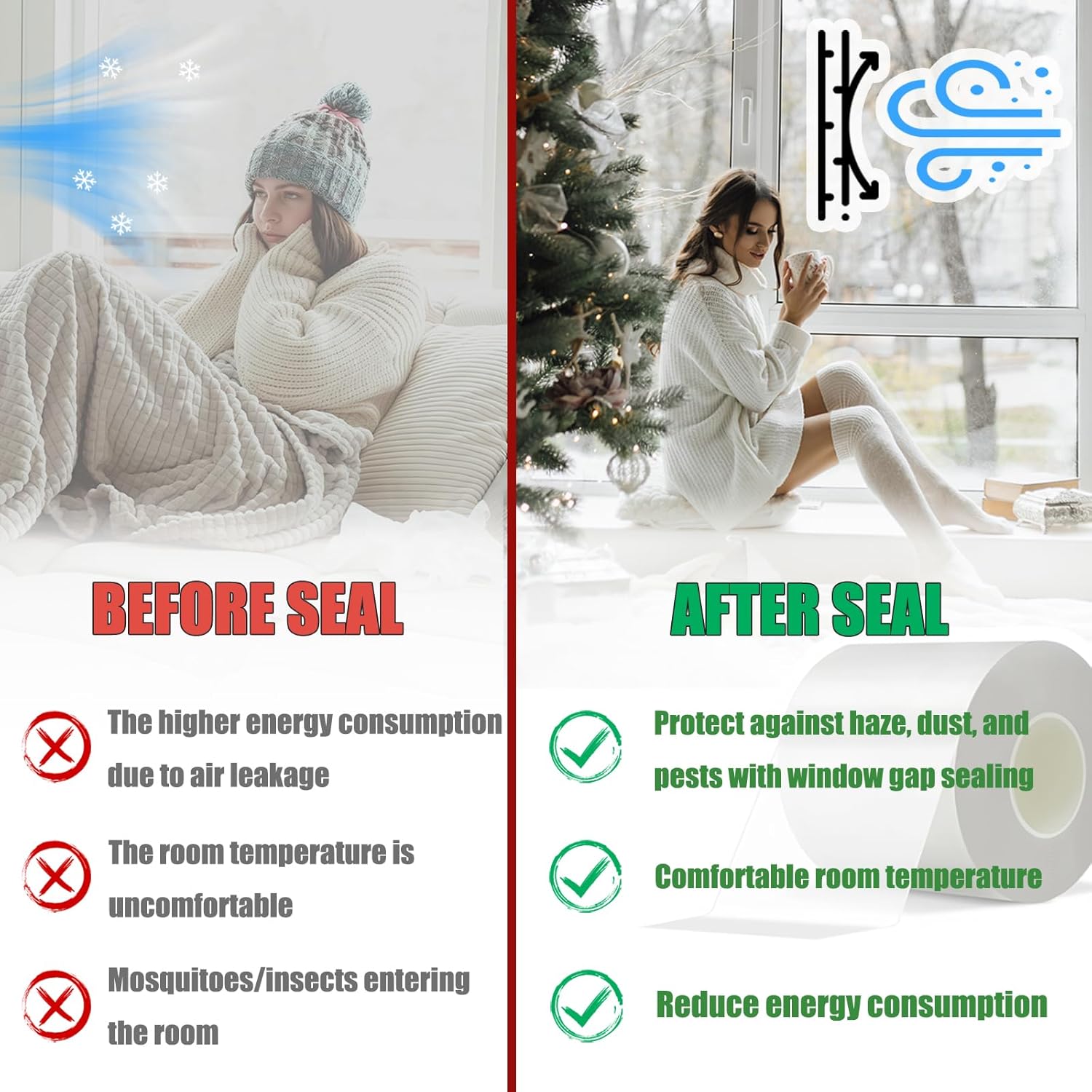 Window Weather Sealing Tape 2 in x 105 FT Weather Stripping Weatherproof Draft Stopper Clear Window Insulation Tape for Doors Windows Garages RVs Energy Saving Kit (2 in x 105 Feet)