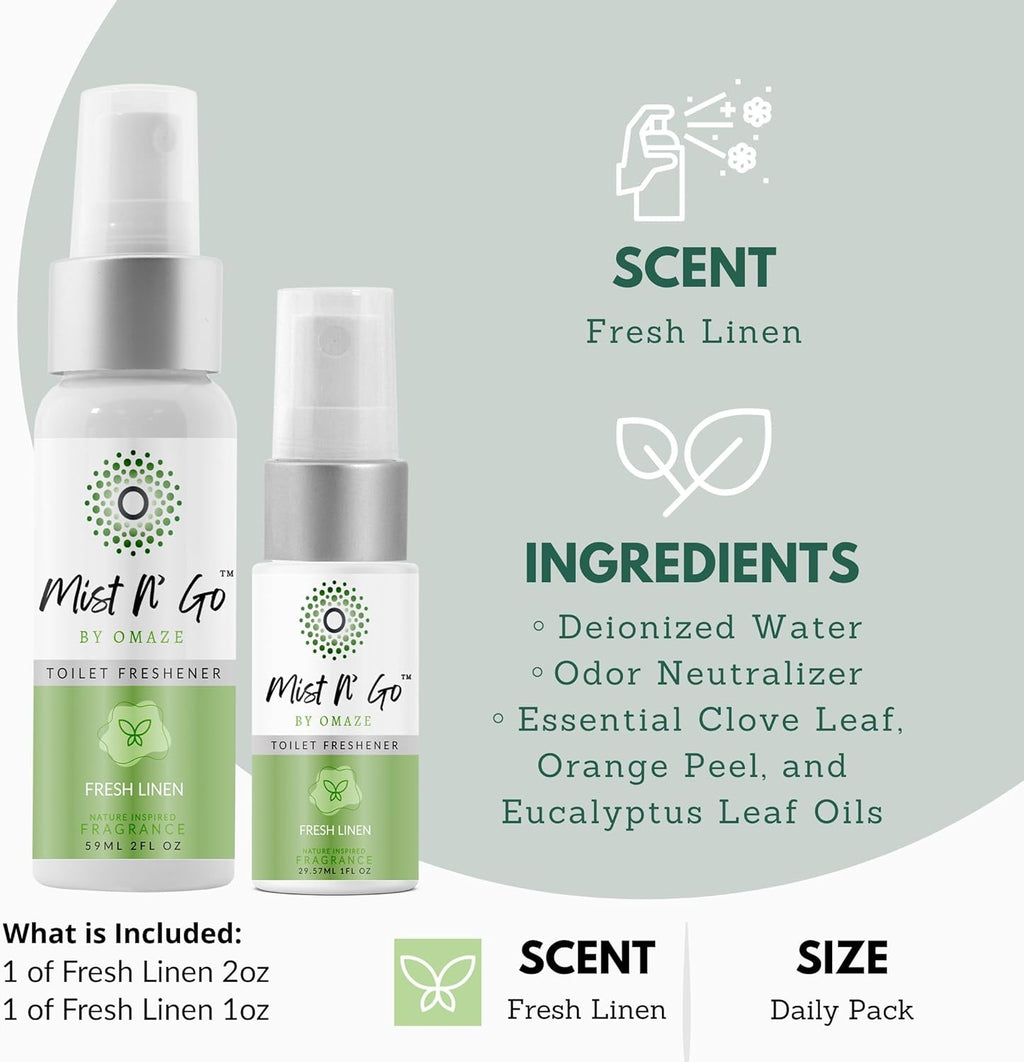 Mist N' Go Omaze Travel Toilet Spray Odor Eliminator - Fresh Linen Daily Pack (2oz + 1oz)
