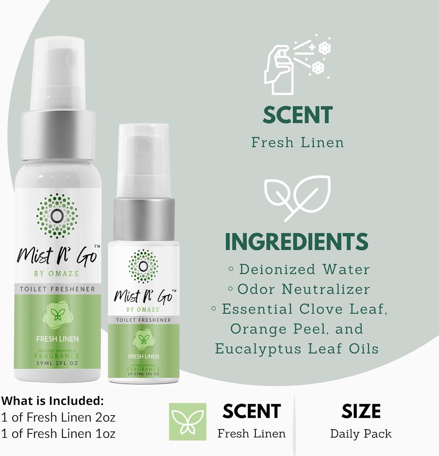 Mist N' Go Omaze Travel Toilet Spray Odor Eliminator - Fresh Linen Daily Pack (2oz + 1oz)