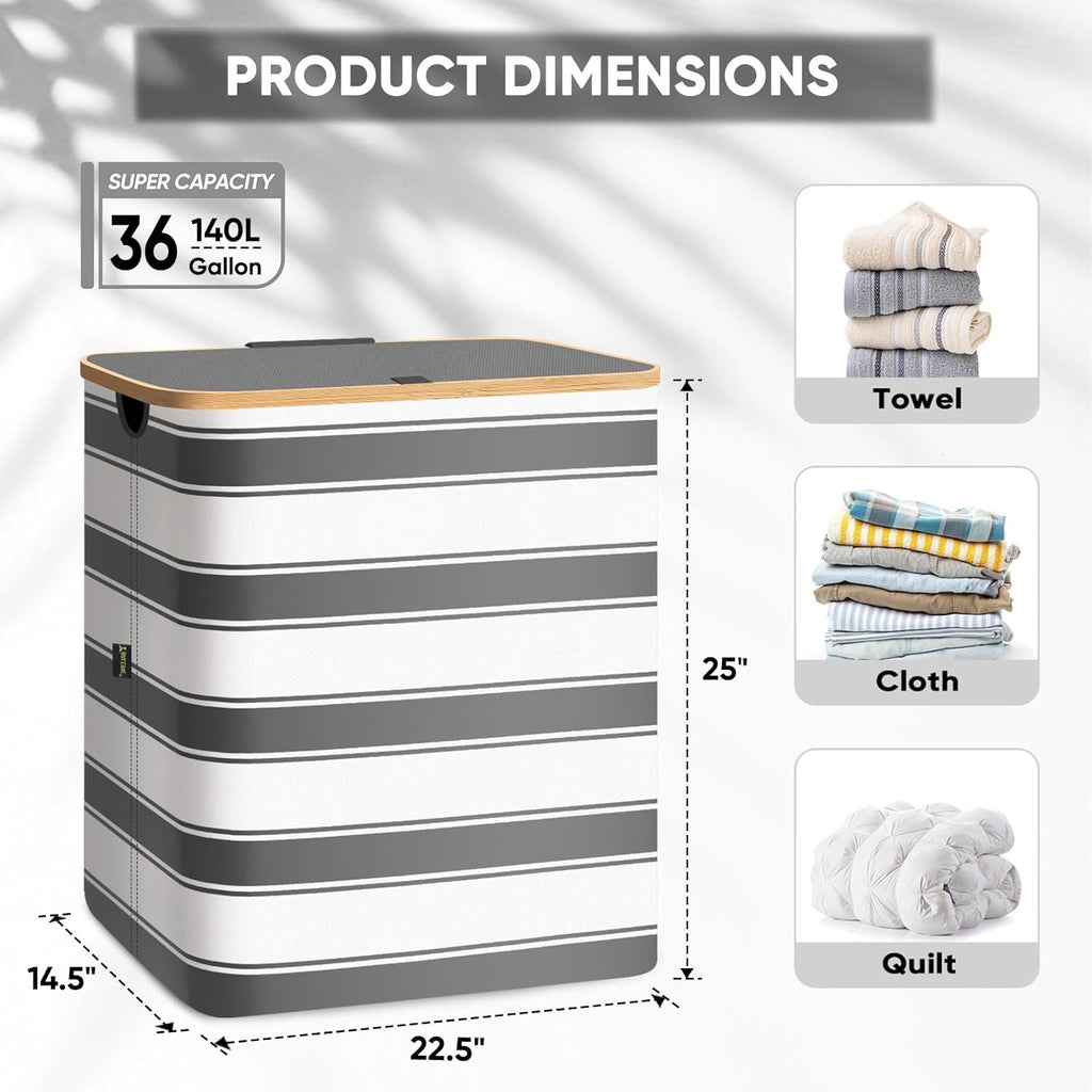 BALEINE Laundry Hamper with Lid, Tall Laundry Baskets with Bamboo Pull Handles, Large Laundry Bin with Internal Support (36 Gal/140L, Grey Stripe)