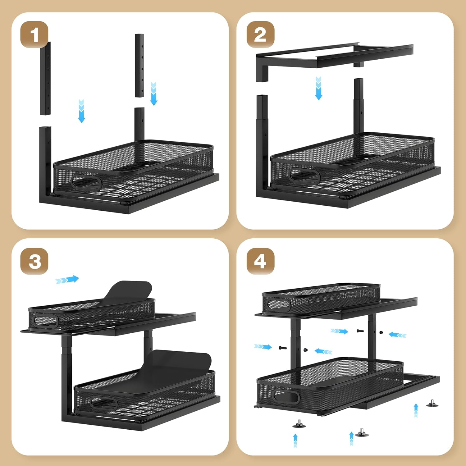 2-Pack 18.5 IN Depth Under Sink Organizer With Next-Gen Ball-Bearing Slides,Sophisticated Mesh 2-Tier Pull Out Shelf for Kitchen & Bathroom,Fits Small Items-Black