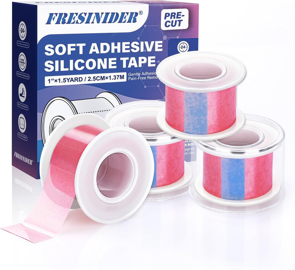 FRESINIDER Silicone Tape 1" x 1.5 Yard Pink 4 Rolls for Sensitive Skin, Pre-Cut Waterproof Medical Tape, Gentle Adhesive for Wound Care, Surgical Sites, Infants and Elderly