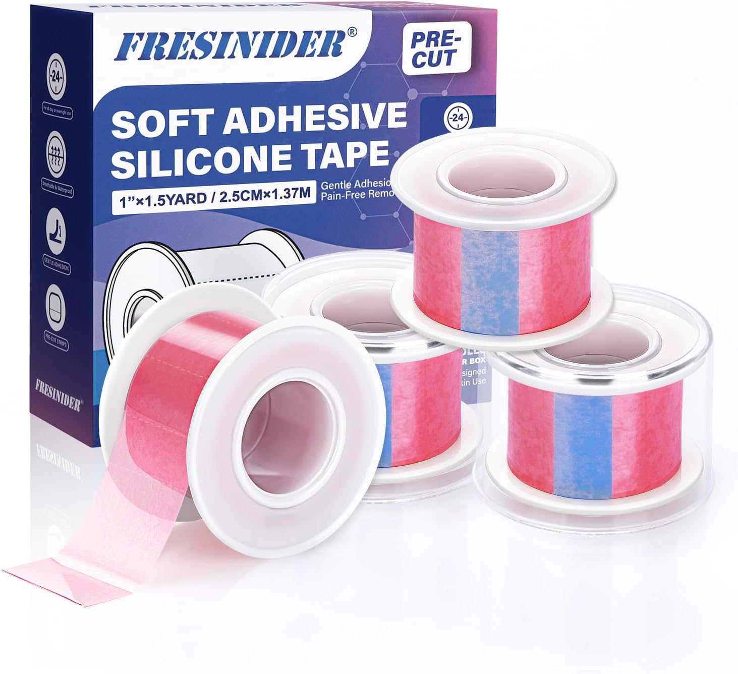 FRESINIDER Silicone Tape 1" x 1.5 Yard Pink 4 Rolls for Sensitive Skin, Pre-Cut Waterproof Medical Tape, Gentle Adhesive for Wound Care, Surgical Sites, Infants and Elderly