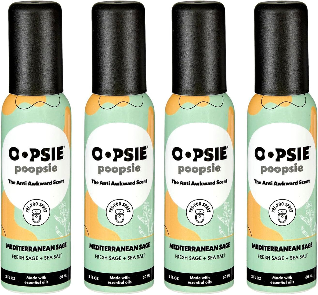OOPSIE POOPSIE - Mediterranean Sage - Before & After You Go Toilet Spray 2oz - Portable Odor Eliminator - 4 Pack