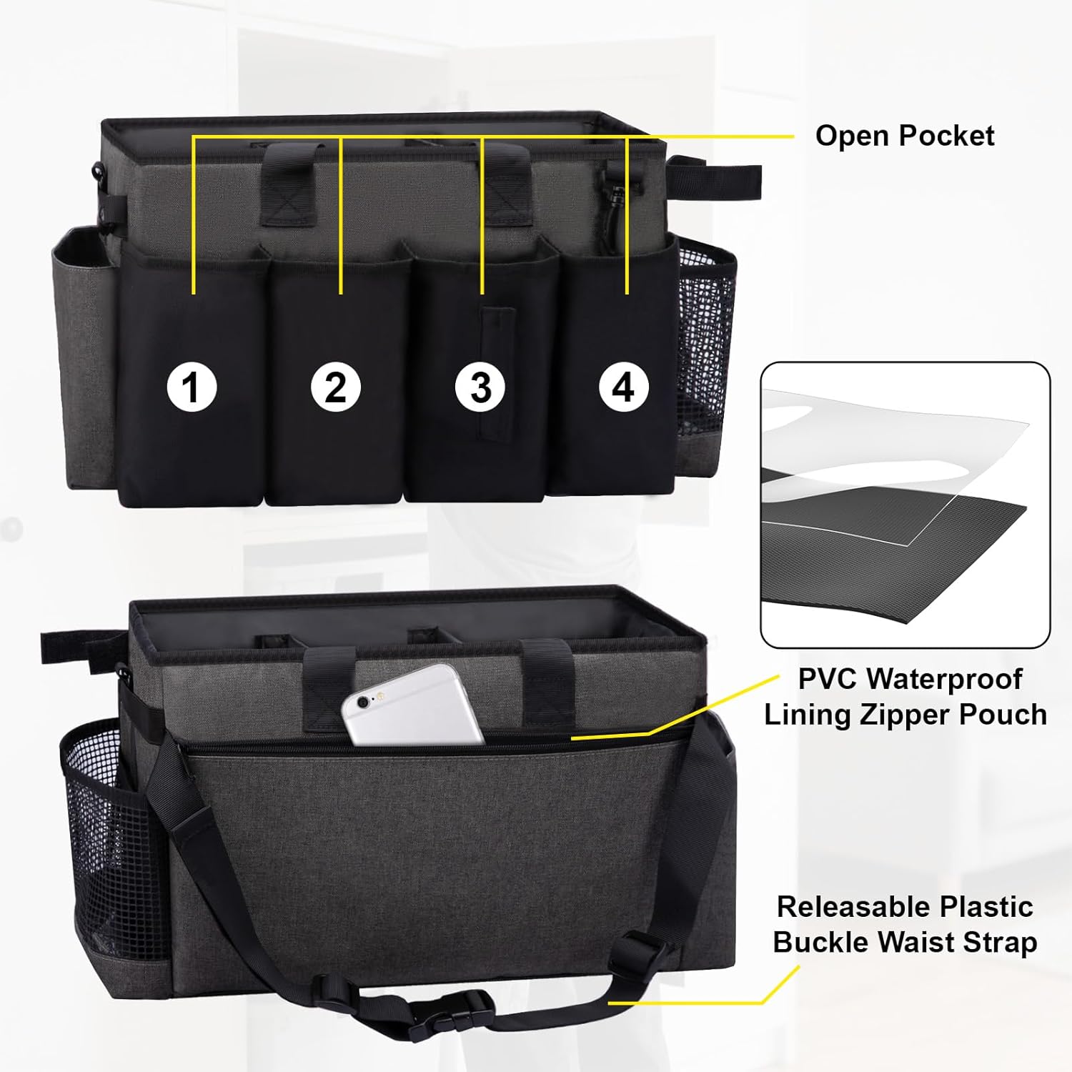 Wearable Large Cleaning Caddy Bag for Housekeeper, Clean Supply Organizer with Adjustable Shoulder, Waist & Handle Straps, Detailing Bag for Kitchen Supplies (Black&Gray)