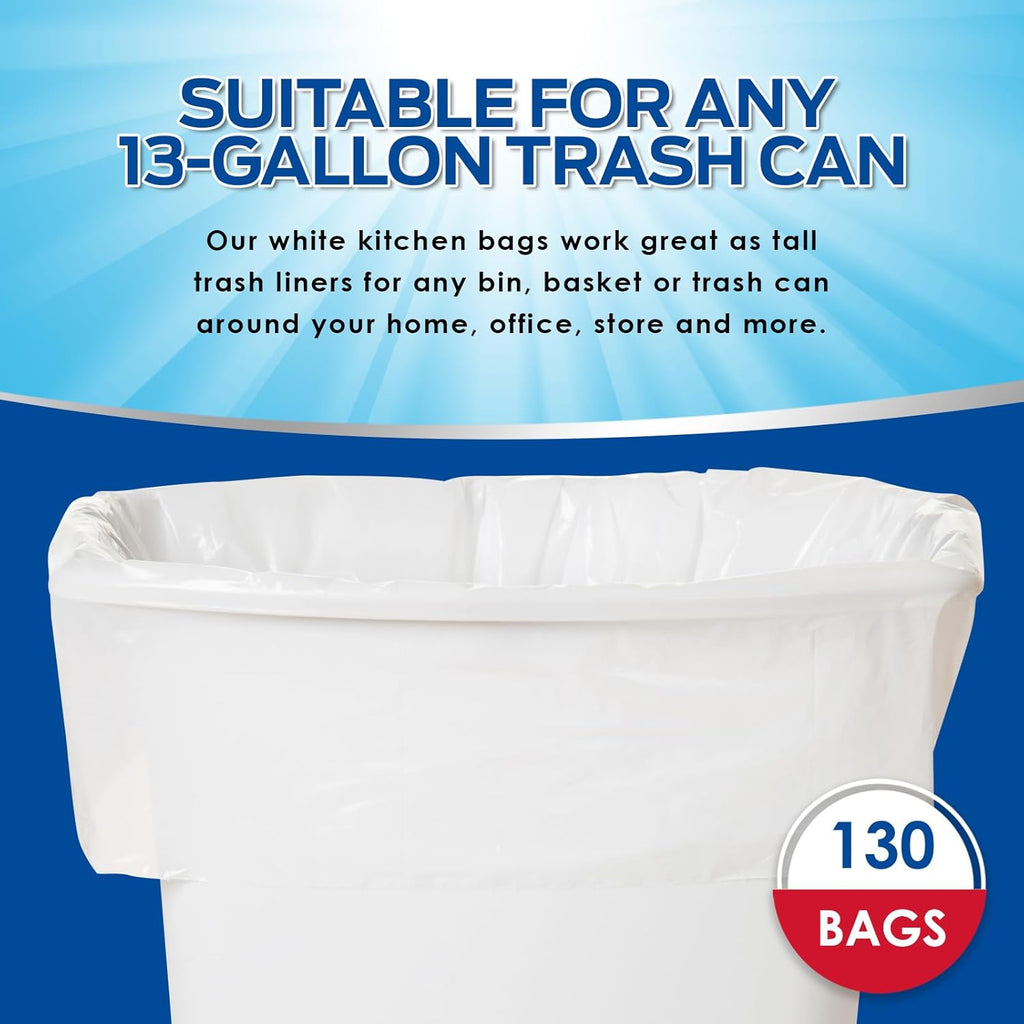 PAMI 13-Gallon Tall Garbage Bags [130-Pack, White] With Twist Ties - Unscented, Odor-Control Trash Can Liners - Strong Multipurpose Plastic Trash Bags For Kitchen, Bathroom, Office