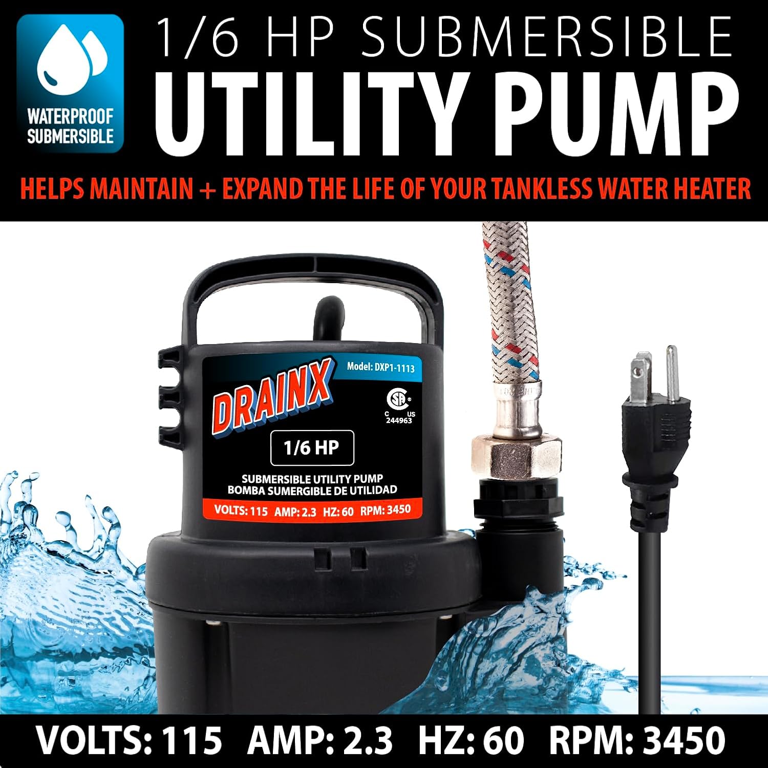 DrainX Tankless Water Heater Flushing Kit Includes Submersible Pump, Hoses, Liquid Descaler Solution, and Measuring Bucket