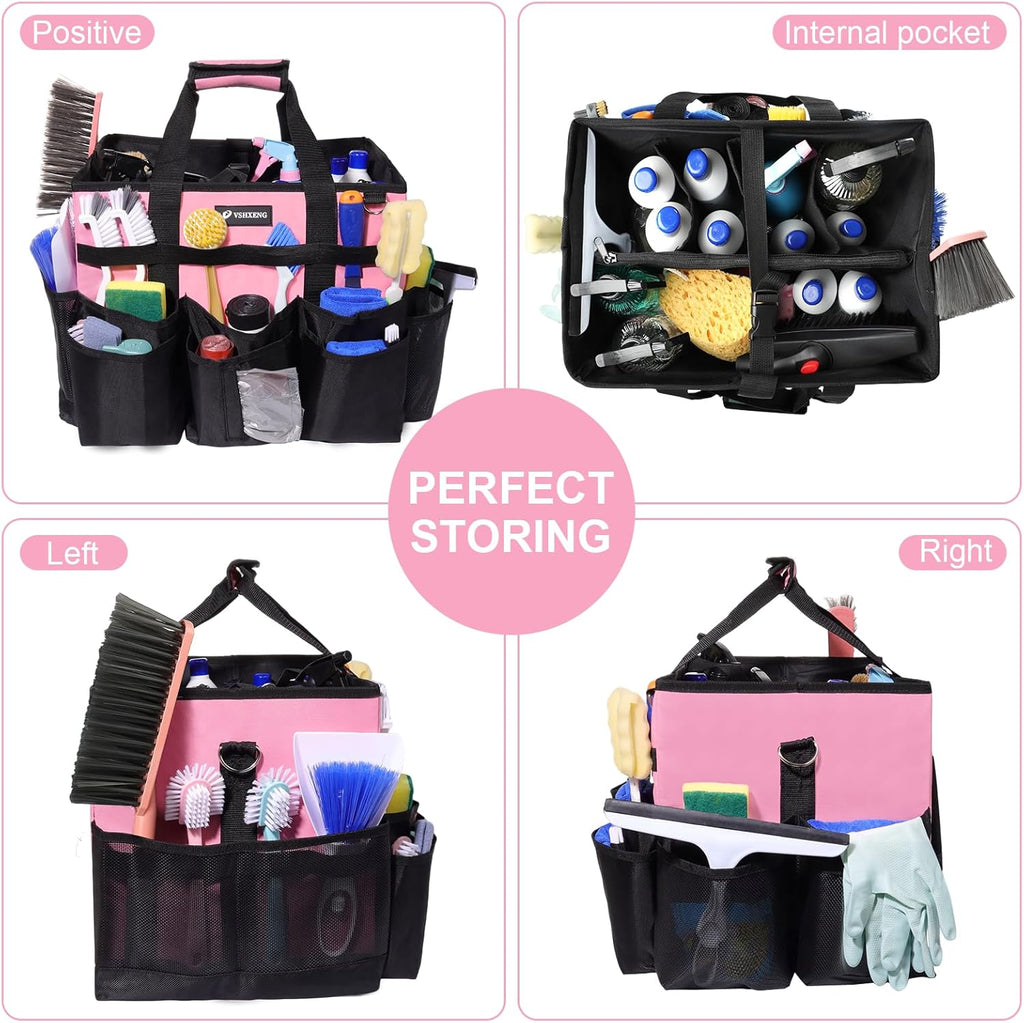Large Rolling Cleaning Caddy Bag with Wheels, with Detachable Trolley, Cleaning Bags on Wheels for Housekeepers, Cleaning Cart Supplies Organizer for Home, Car, Picnic (Pink)