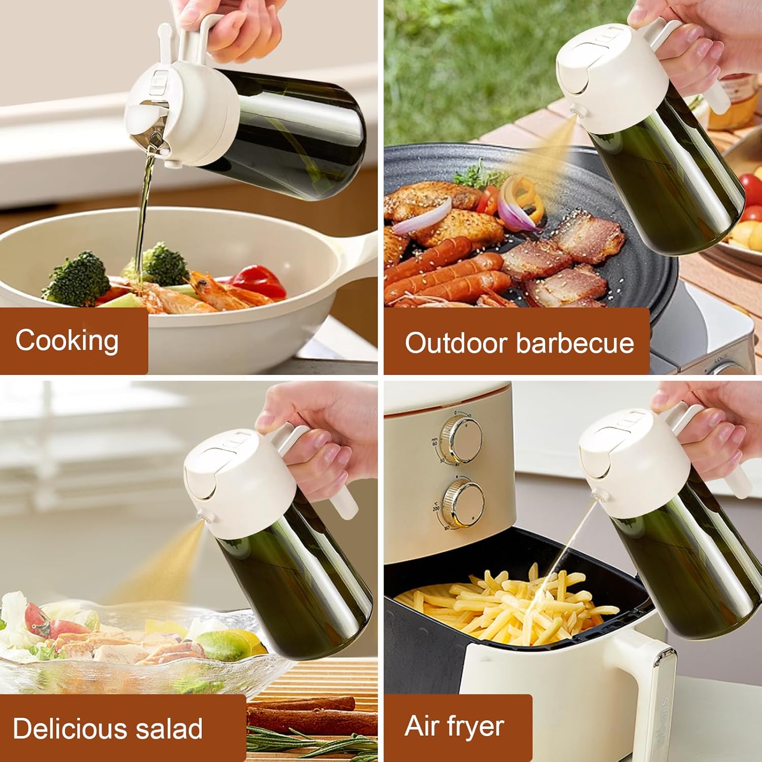 YARRAMATE 2PCS 16oz/470ml Oil Sprayer for Cooking with Stickers, Food-Grade 2 in 1 Olive Oil Dispenser Bottle for Kitchen, Premium Dark Green Glass Oil Bottle for Air Fryer, BBQ (White & Green)