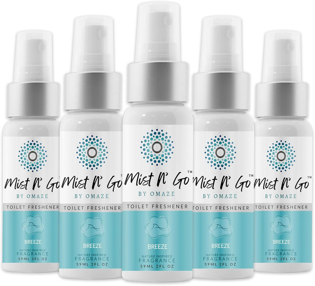 Mist N’ Go by Omaze Travel Bathroom Spray for Toilet Spray Odor Eliminator - Travel Toilet Spray for Bathroom Air Freshener Spray for Bathroom Deodorizer - Breeze Regular Size (2oz x5)