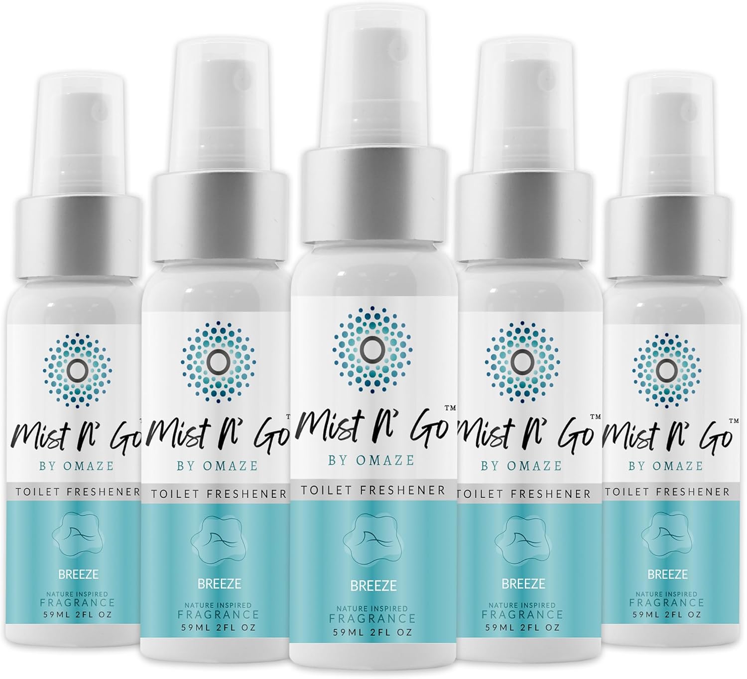 Mist N’ Go by Omaze Travel Bathroom Spray for Toilet Spray Odor Eliminator - Travel Toilet Spray for Bathroom Air Freshener Spray for Bathroom Deodorizer - Breeze Regular Size (2oz x5)