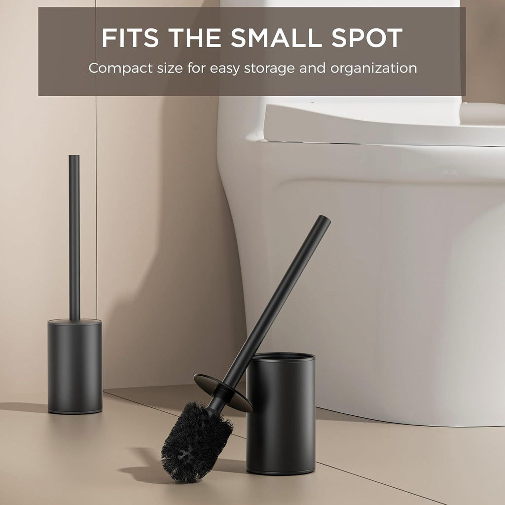 FORIOUS Toilet Brush and Holder Set, 304 Stainless Steel Heavy Duty Base and Handle for Bathroom Deep Cleaning, Toilet Bowl Cleaners Brush with Holder, Space Saving for Storage, Matte Black