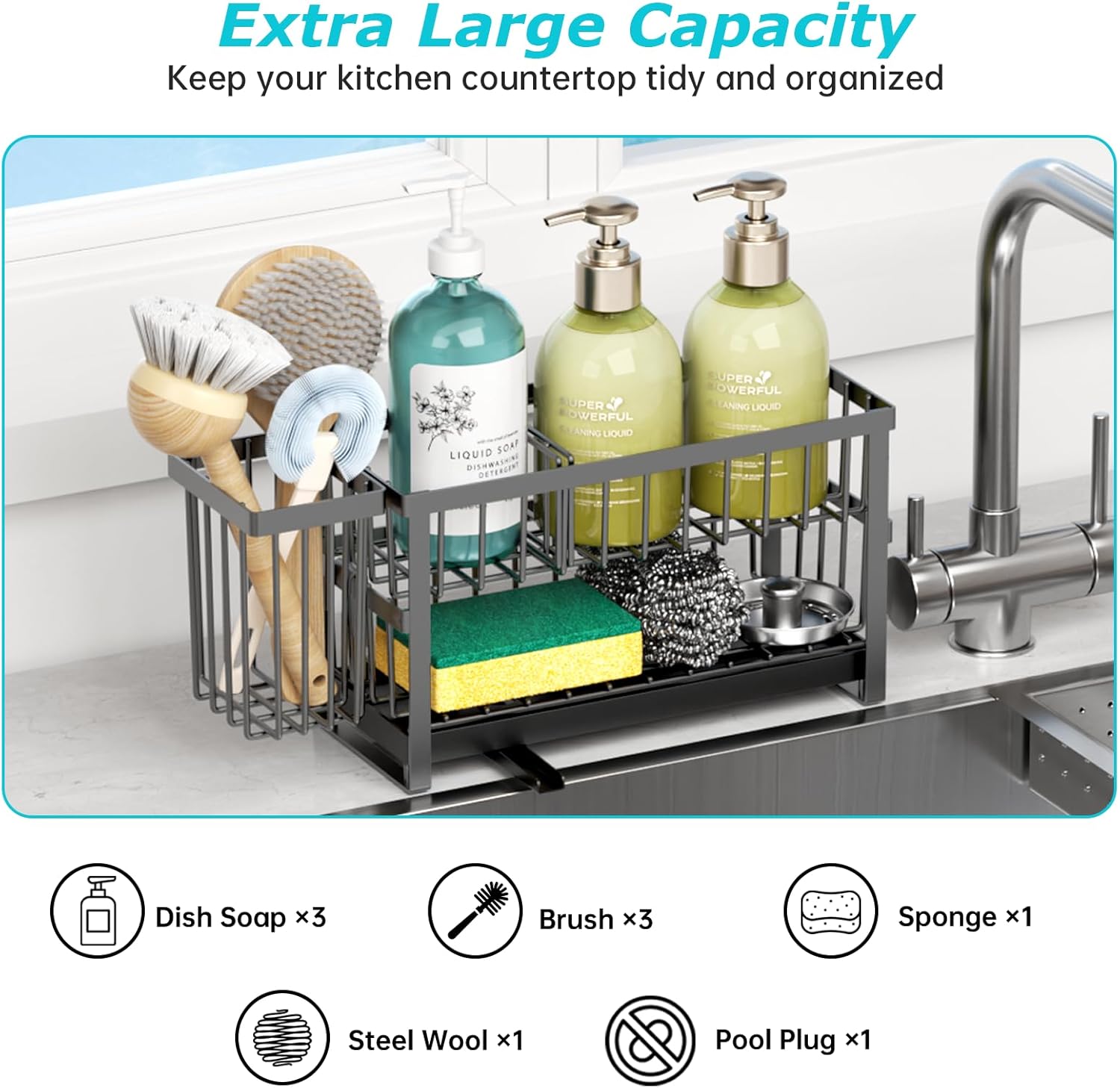 Sponge Holder for Kitchen Sink, 2 Tier Sink Caddy Organizer Countertop with Dish Brush Holder and 360° Drain Tray, Rustproof Stainless Steel Dish Soap Storage Rack Set for Accessories Grey