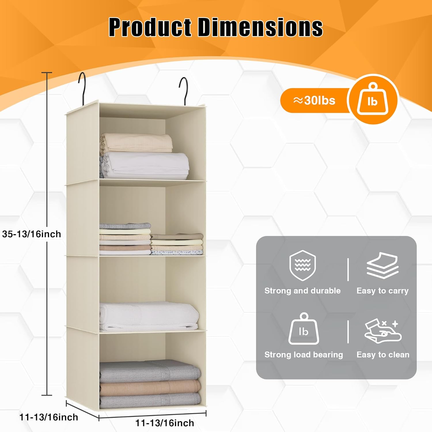 Hanging Closet Organizer, Easy Mount Foldable 4-Shelf Hanging Closet Wardrobe Storage Shelves, Clothes Handbag Shoes Accessories Storage, Washable Oxford Cloth Fabric, Beige