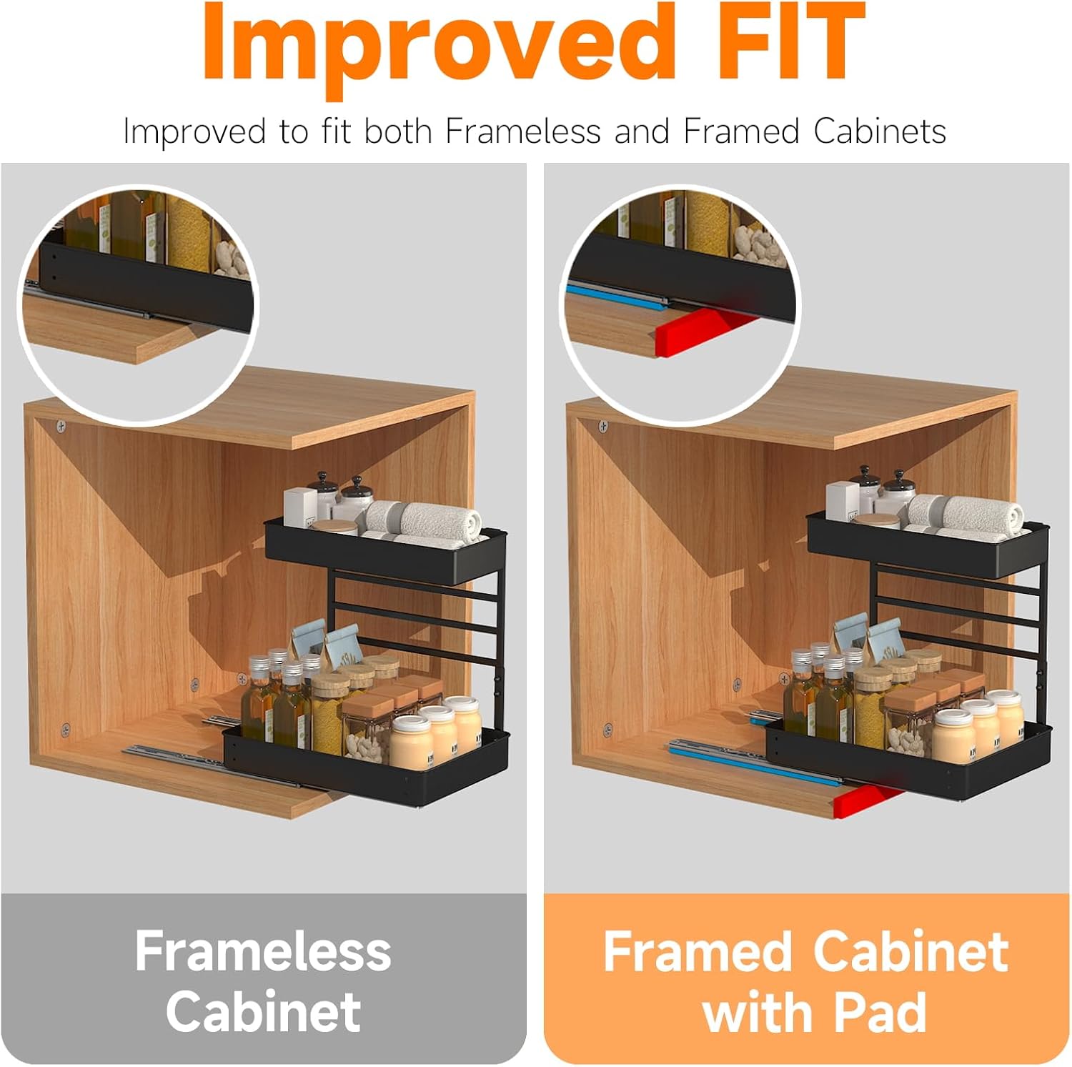 EVERIE Height Adjustable 2 Tier Metal Pull Out Slide Shelf Organizer for Under Sink Cabinets in Kitchen, Bathroom, with Snap-on Top Tray, 16" Deep (Black, 2 Sets)
