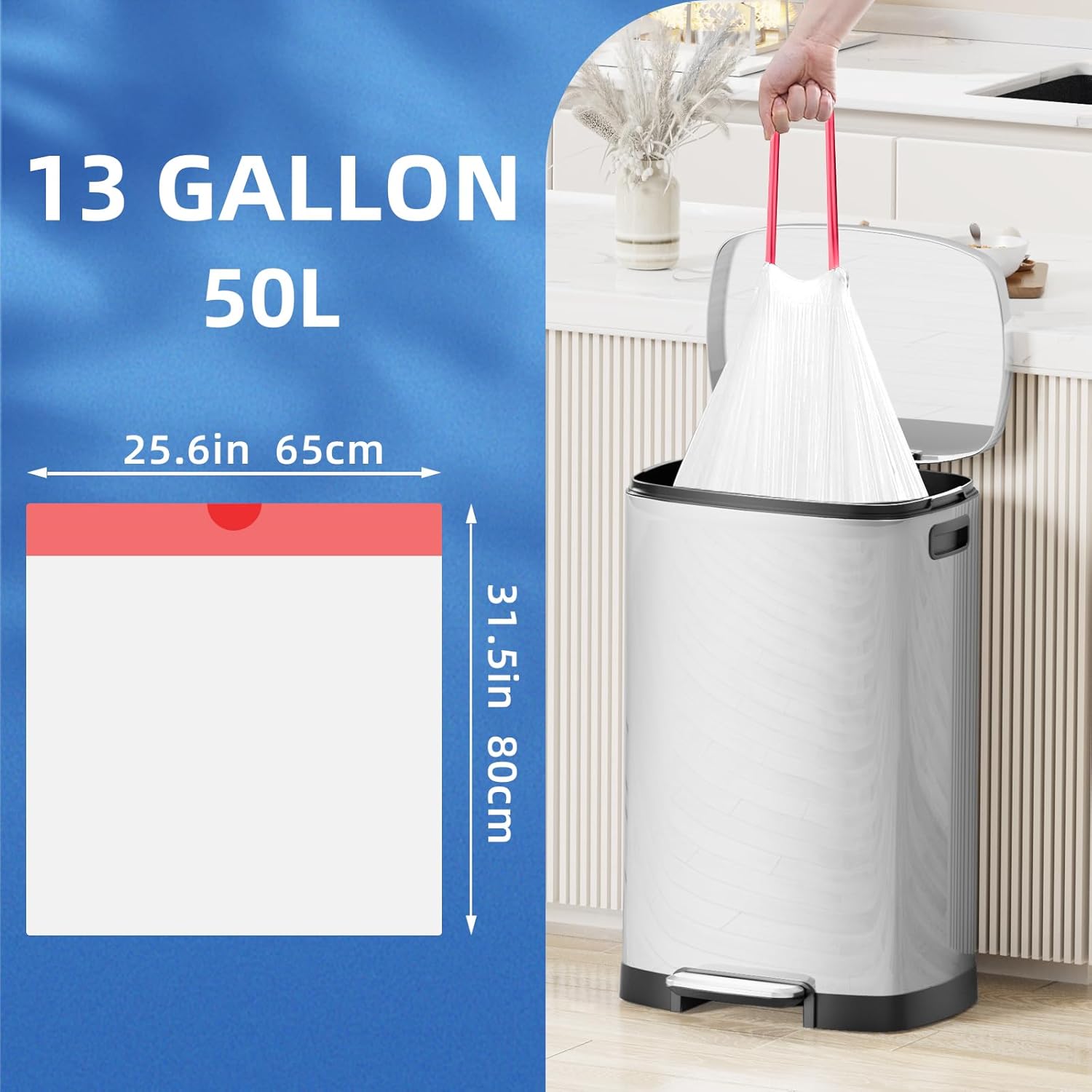 13.2 Gallon Tall Kitchen Drawstring Trash Bags, 200 Count Pre-separated Garbage Bags, Unscented, Leak Proof, Waste Bag for Kitchen, Office, Home