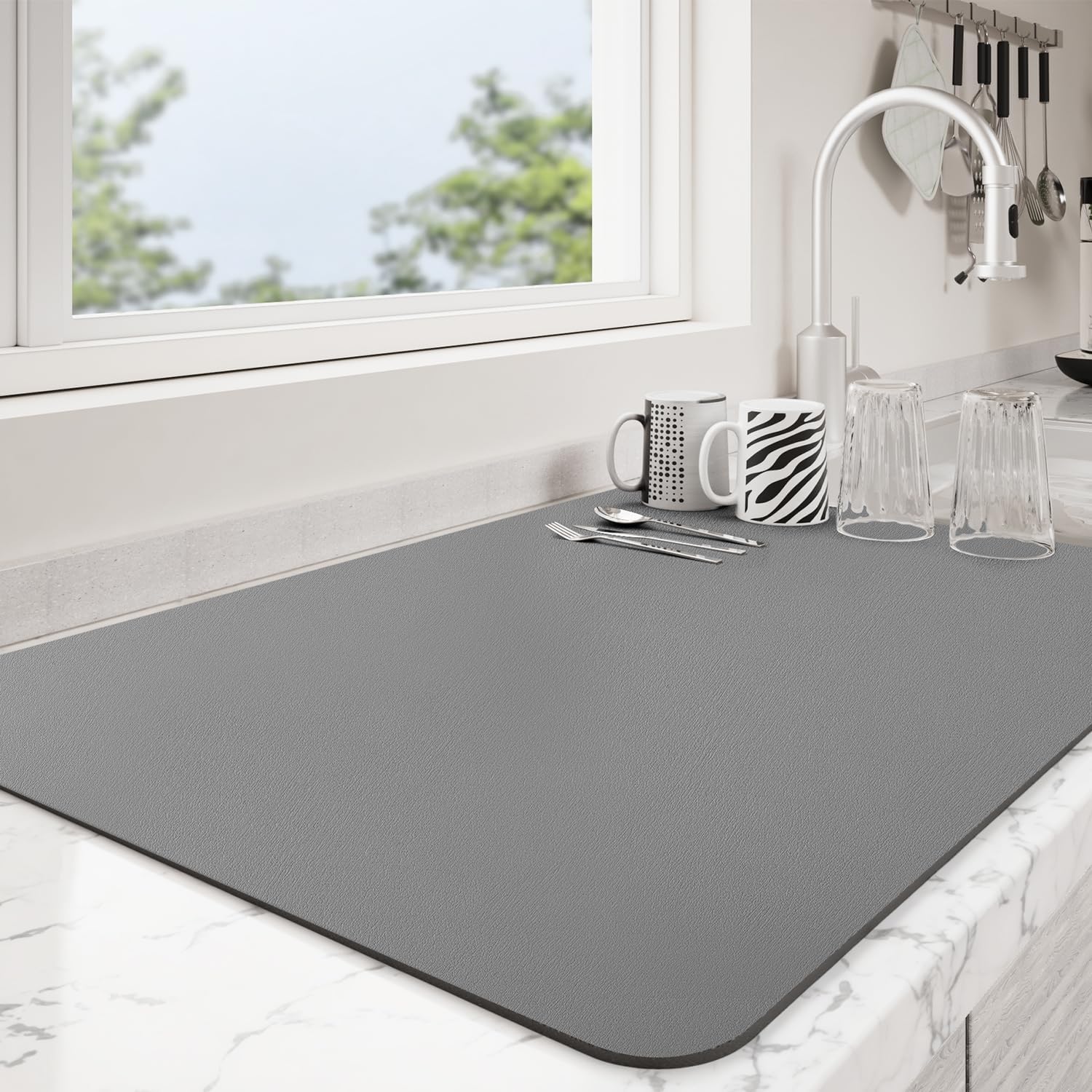 Dish Drying Mat for Kitchen Counter | Coffee Bar Mat for Countertops | Heat Resistant Drainer Mat with Non-slip Rubber Backed | Hide Stain Kitchen Absorbent Draining Mat | Dark Grey 18"x32"