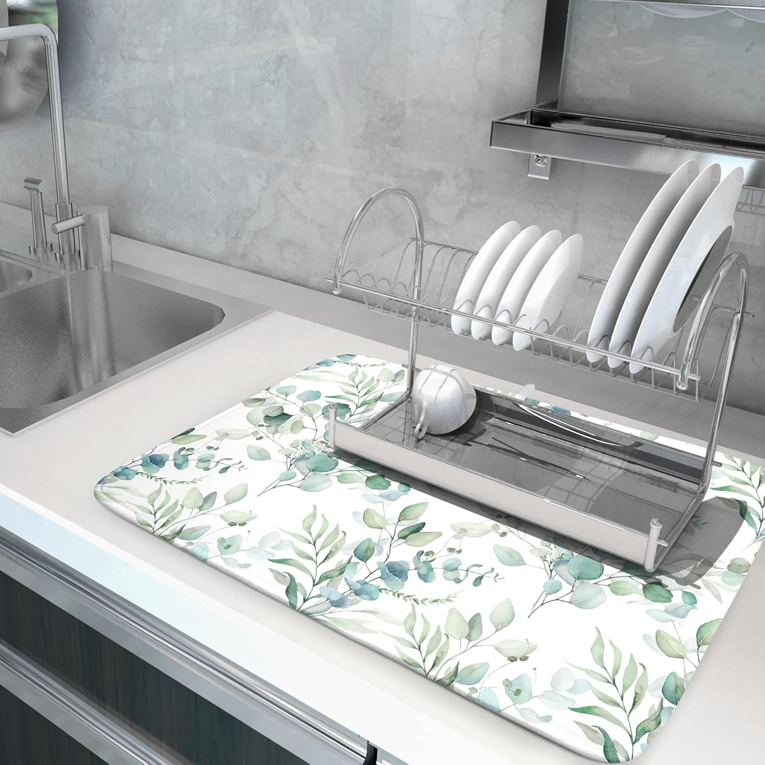 Watercolor Sage Leaves Dish Drying Mats for Kitchen Counter 16x18 Inch,Spring Leaves Kitchen Drying Mat,Sage Herbs Dishes Pad Dish Drainer Rack Mats Absorbent Fast Dry Kitchen Accessories