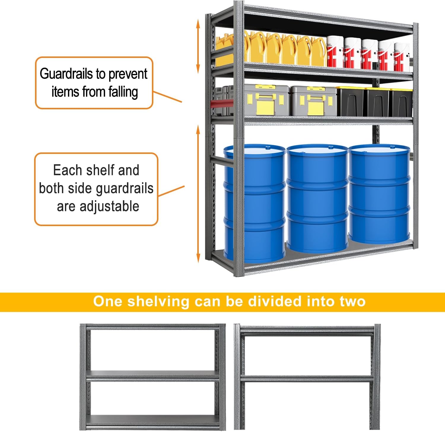 Storage Shelf 5-Tier Garage Shelving, Industrial Shelving with Guardrails, 2500LB Boltless Metal Shelves Heavy Duty for Storage Room, Warehouse, 18" D x 47.2" W x 72" H, Iron Black