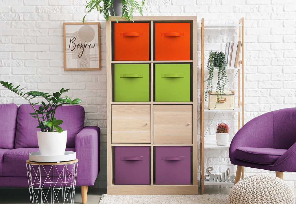 Sorbus Storage Cubes - 11" Foldable Storage Bins with Handle for Nursery, Playroom, Closet Organizers and Storage - 6 Fabric Shelf Basket for Toys, Books, Clothes - Purple Green & Orange Storage Bin