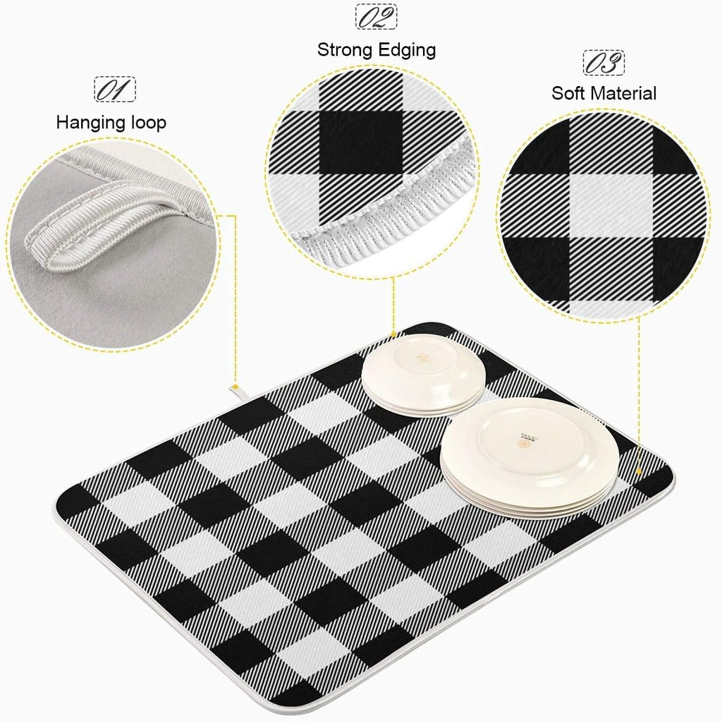 White and Black Buffalo Plaid Dish Drying Mat 16x18 for Kitchen Classic Buffalo Check Dishes Pad Dish Drainer Rack Mats Absorbent Fast Dry Kitchen Accessories