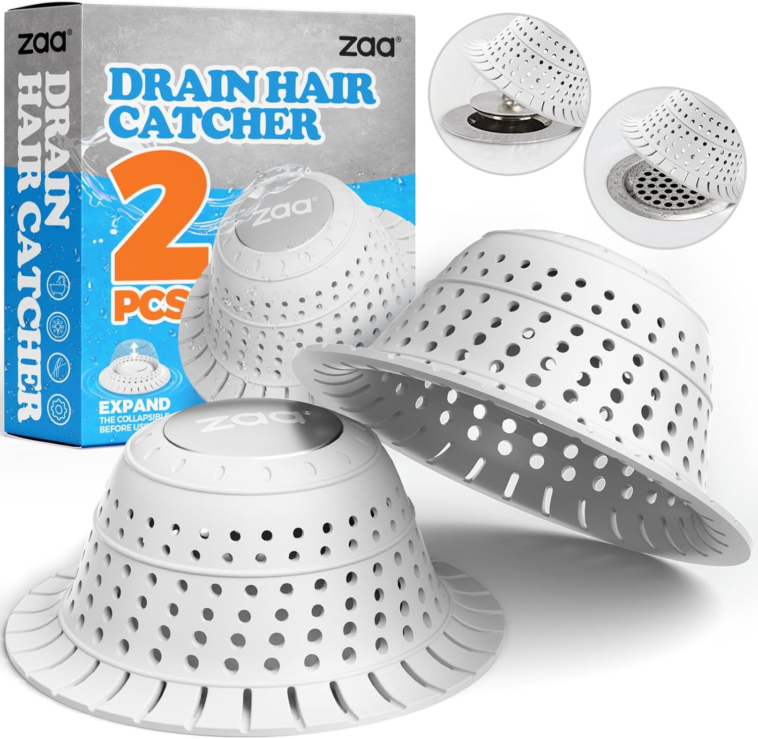 zaa Bathtub Drain Hair Catcher, Premium Silicone Collapsible 2 Pack Drain Protector for Pop-Up and Regular Drains of Shower, Bathtub, Tub, Bathroom, Sink, White