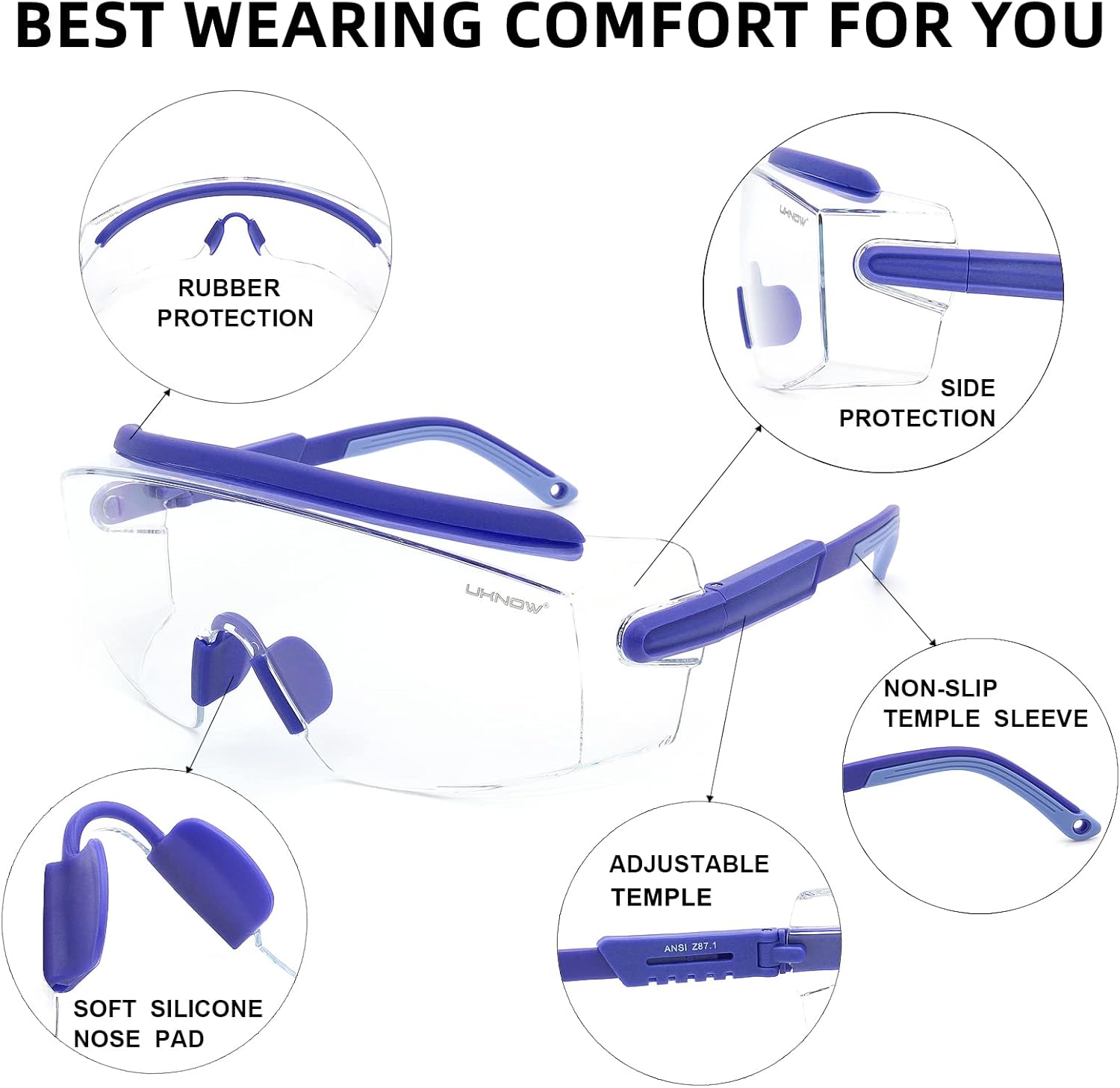 UKNOW Safety Goggles Over Glasses, Safety Glasses Anti Fog Wraparound Eye Protection, Protective Eyewear ANSI Z87.1