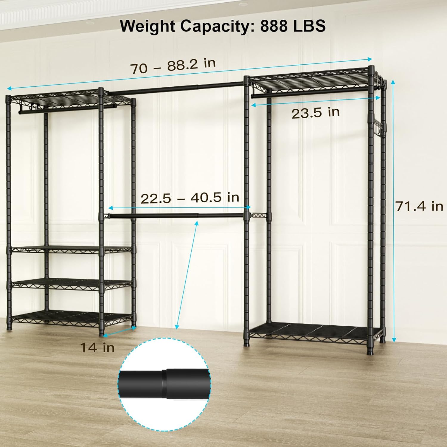 Ulif E1 Heavy Duty Closet Garment Rack, 6 Tiers Adjustable Metal Freestanding Expandable Clothing Storage with 4 Hanger Rods, Easy to Assemble Wardrobe, 71.4" H x (70" - 88.2") L x 14" D, Black