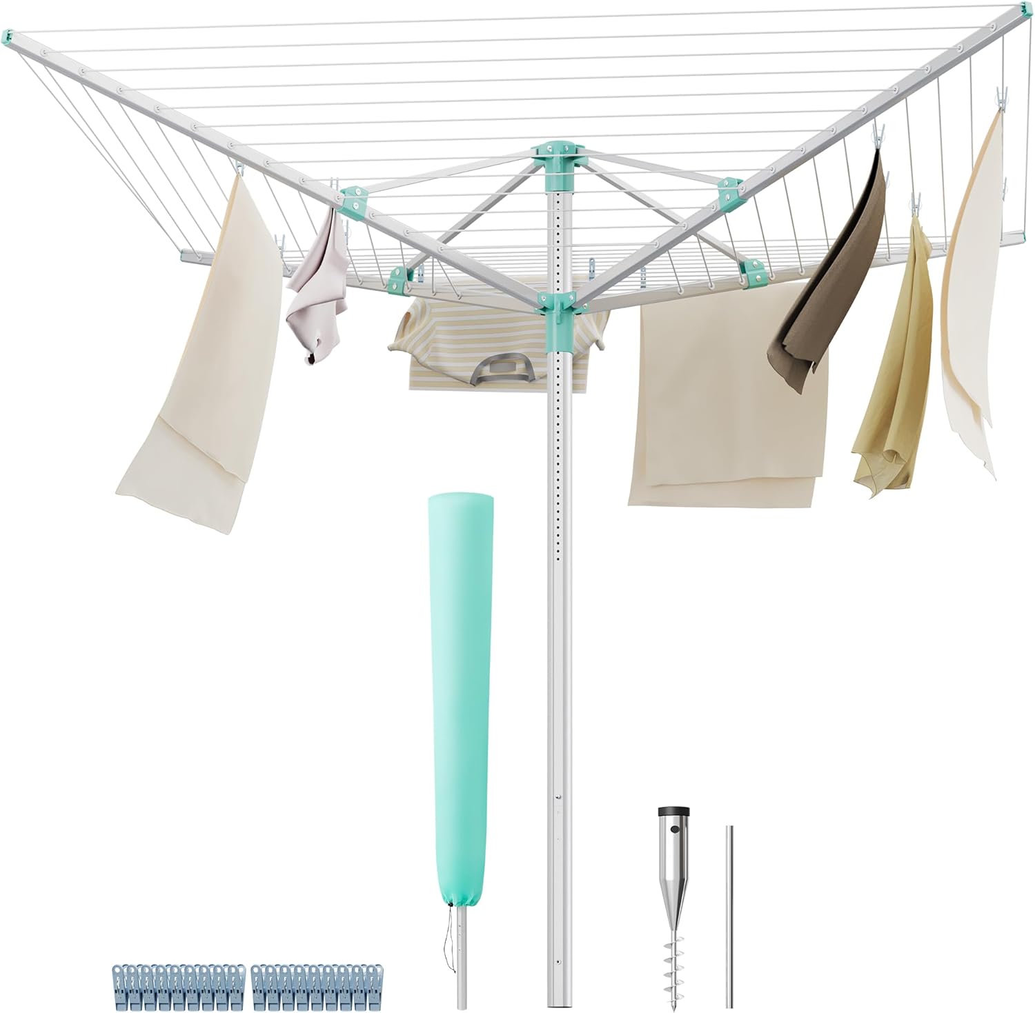 SONGMICS Umbrella Drying Rack, Retractable Outdoor Drying Rack, Height Adjustable, 197 ft Long Clothesline, Holds 6 Laundry Loads, for Garden, with Ground Spike, Cover, Silver and Green ULLR302E01